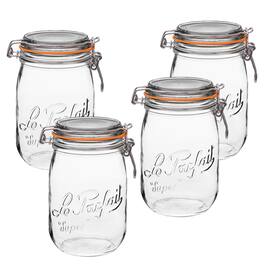 Le Parfait - Super Jar - 1L French Glass Canning Jar w/Round Body, Airtight Rubber Seal & Glass Lid, 32oz/Quart (Pack of 4)