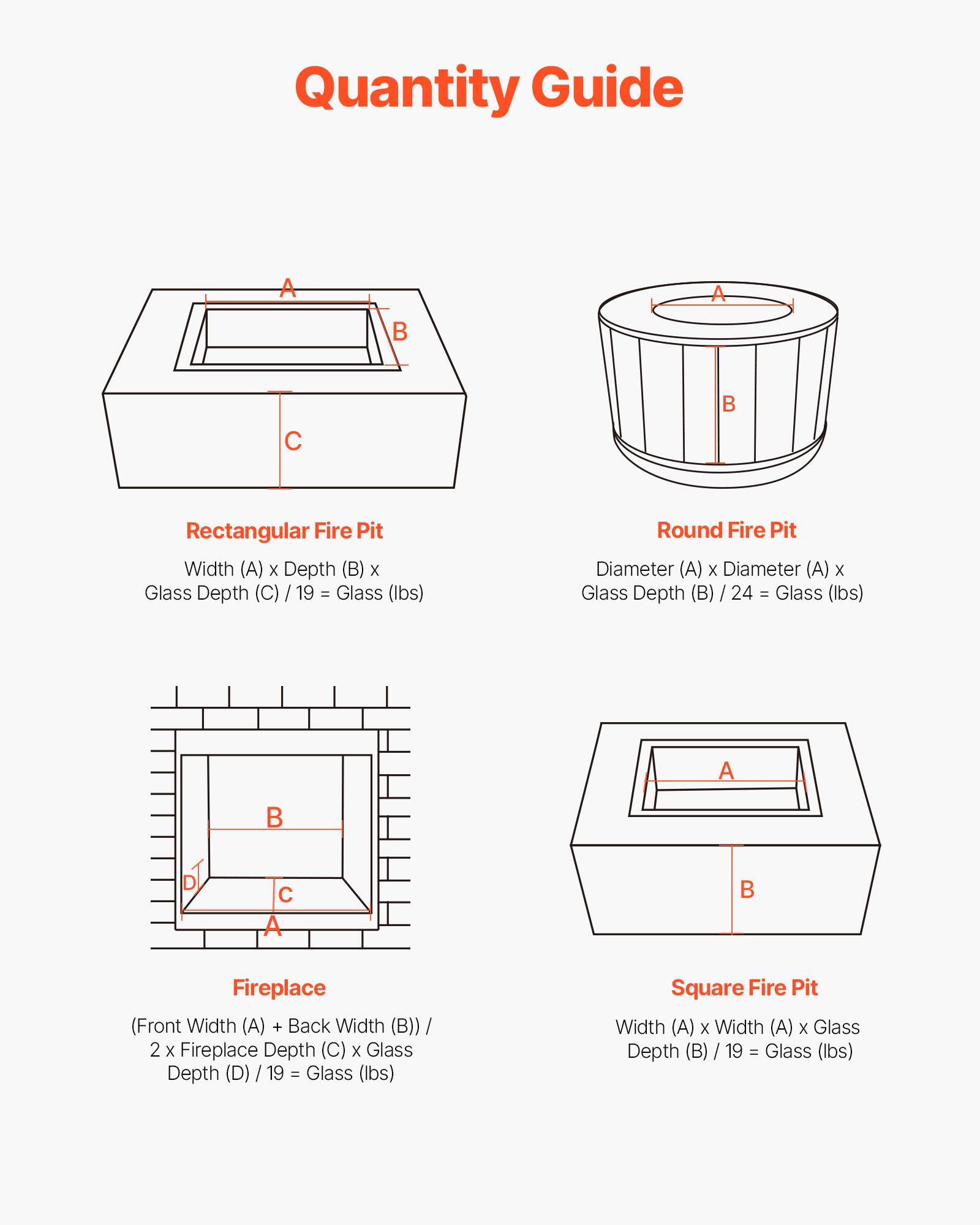 Quantity Guide

**Rectangular Fire Pit**  
Width (A) x Depth (B) x Glass Depth (C) / 19 = Glass (lbs)

**Round Fire Pit**  
Diameter (A) x Diameter (A) x Glass Depth (B) / 24 = Glass (lbs)

**Fireplace**  
(Front Width (A) + Back Width (B)) / 2 x Fireplace Depth (C) x Glass Depth (D) / 19 = Glass (lbs)

**Square Fire Pit**  
Width (A) x Width (A) x Glass Depth (B) / 19 = Glass (lbs)