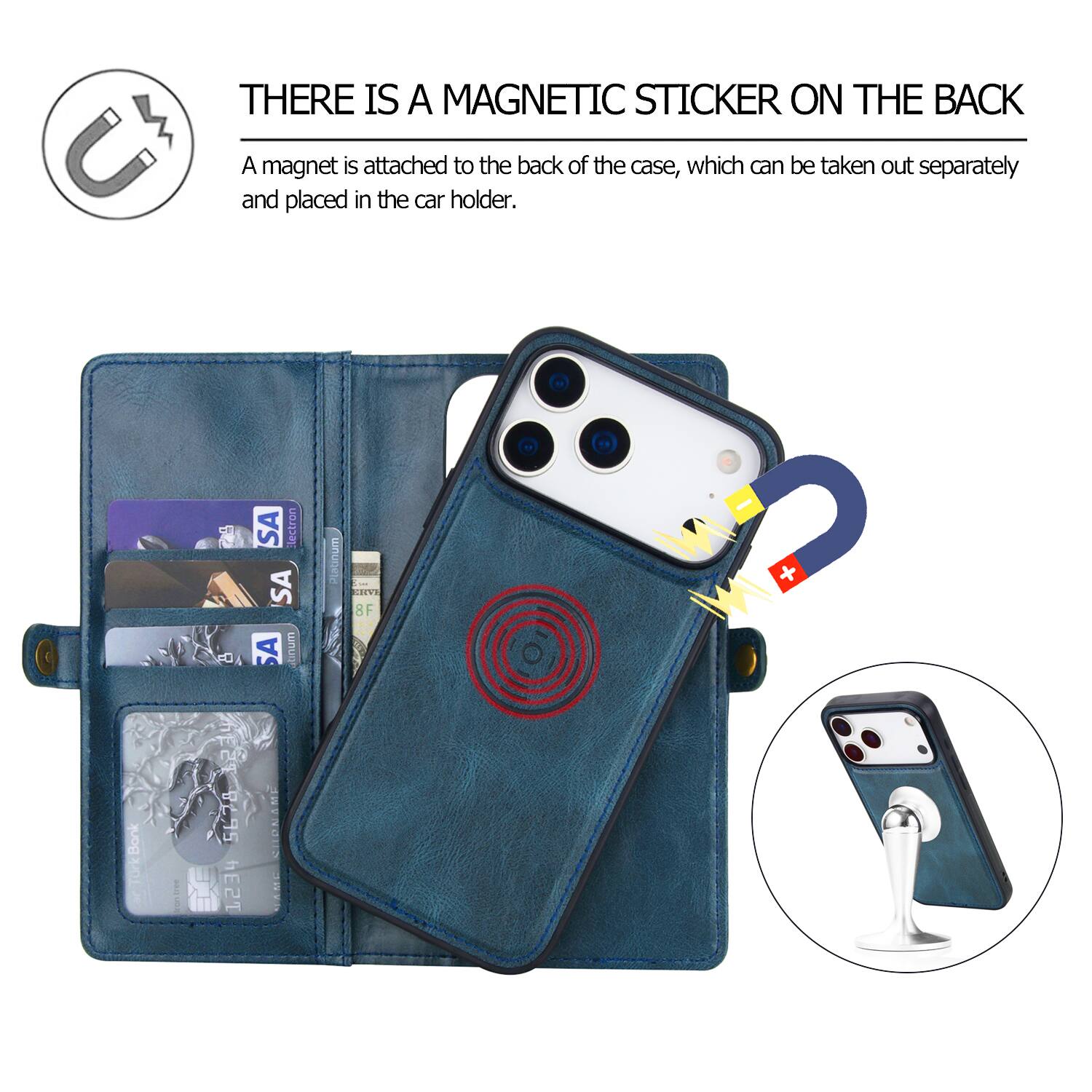 THERE IS A MAGNETIC STICKER ON THE BACK

A magnet is attached to the back of the case, which can be taken out separately and placed in the car holder.