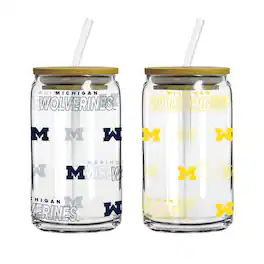 Logo Brands - Michigan Wolverines 16oz. Step And Repeat Glass Can with Lid & Straw 2-Pack - Multicolor