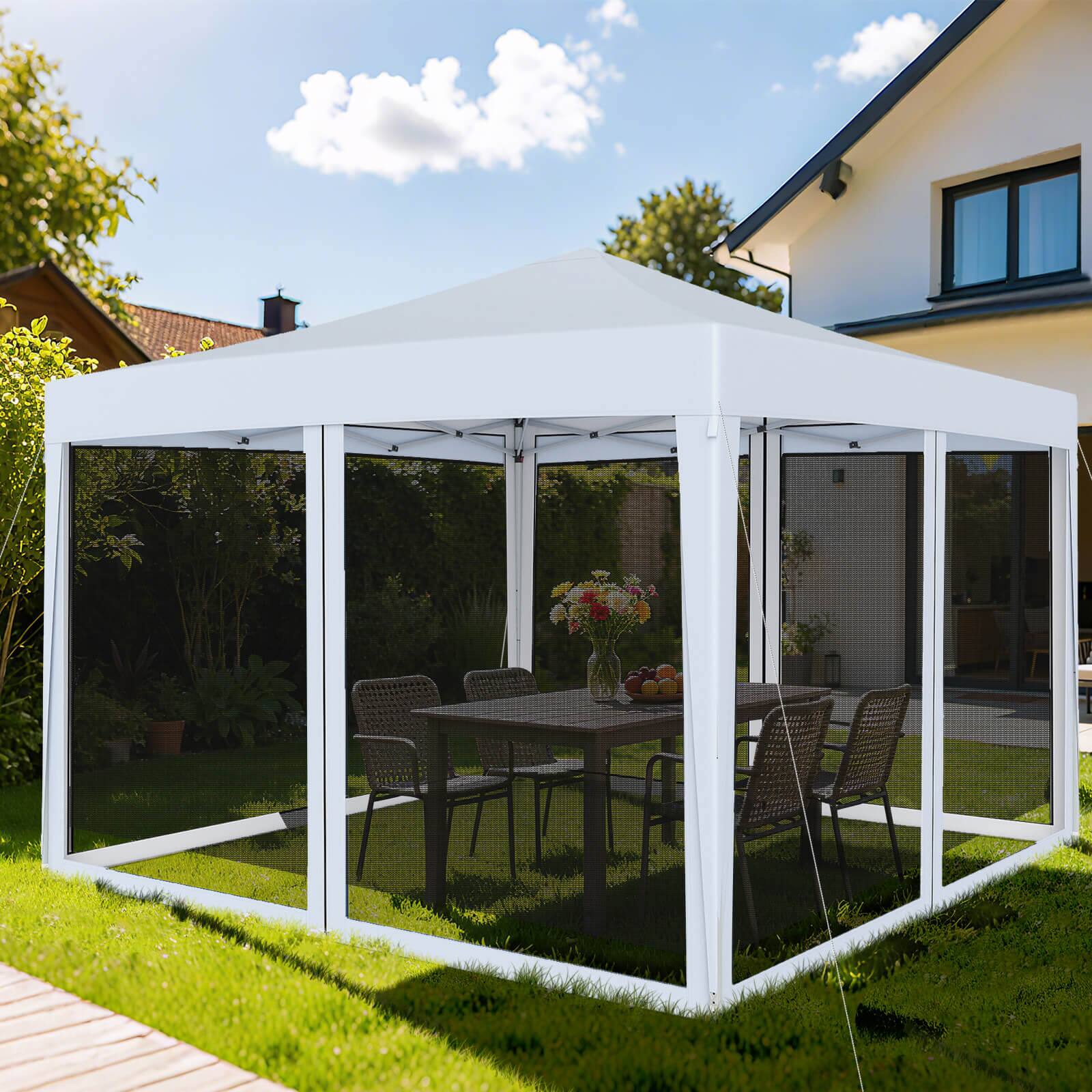 Alt View 1. Costway - Costway 10 FT x 10 FT Pop-Up Canopy Tent with Mesh Netting, Carry Bag, 8 Stakes & 4 Ropes - White.