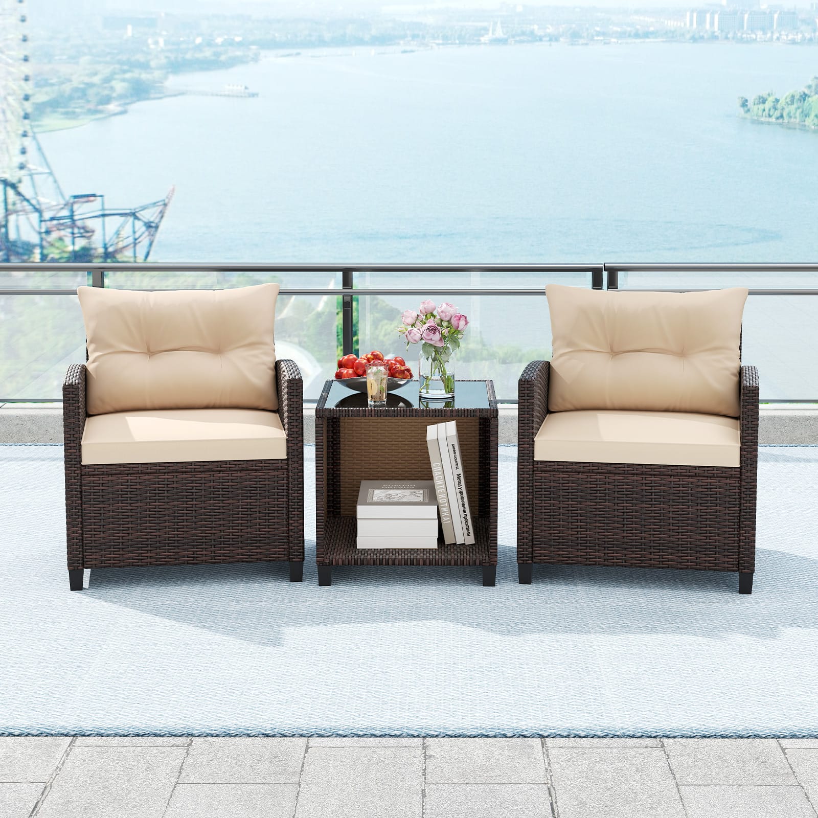 Gymax - 3-Piece Patio Furniture Set PE Rattan Conversation Set w/ Glass Coffee Table Outdoor - Mix Brown, Beige
