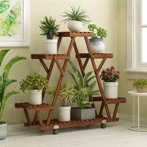 Back. SlickBlue - Indoor Outdoor Multi-Tier Triangular Solid Wood Plant Stand with Wheels - Dark Brown.