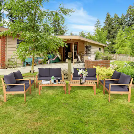 Front. Gymax - Gymax 8PCS Cushioned Wooden Conversation Set Patio Outdoor Furniture Set with Cover - Grey.