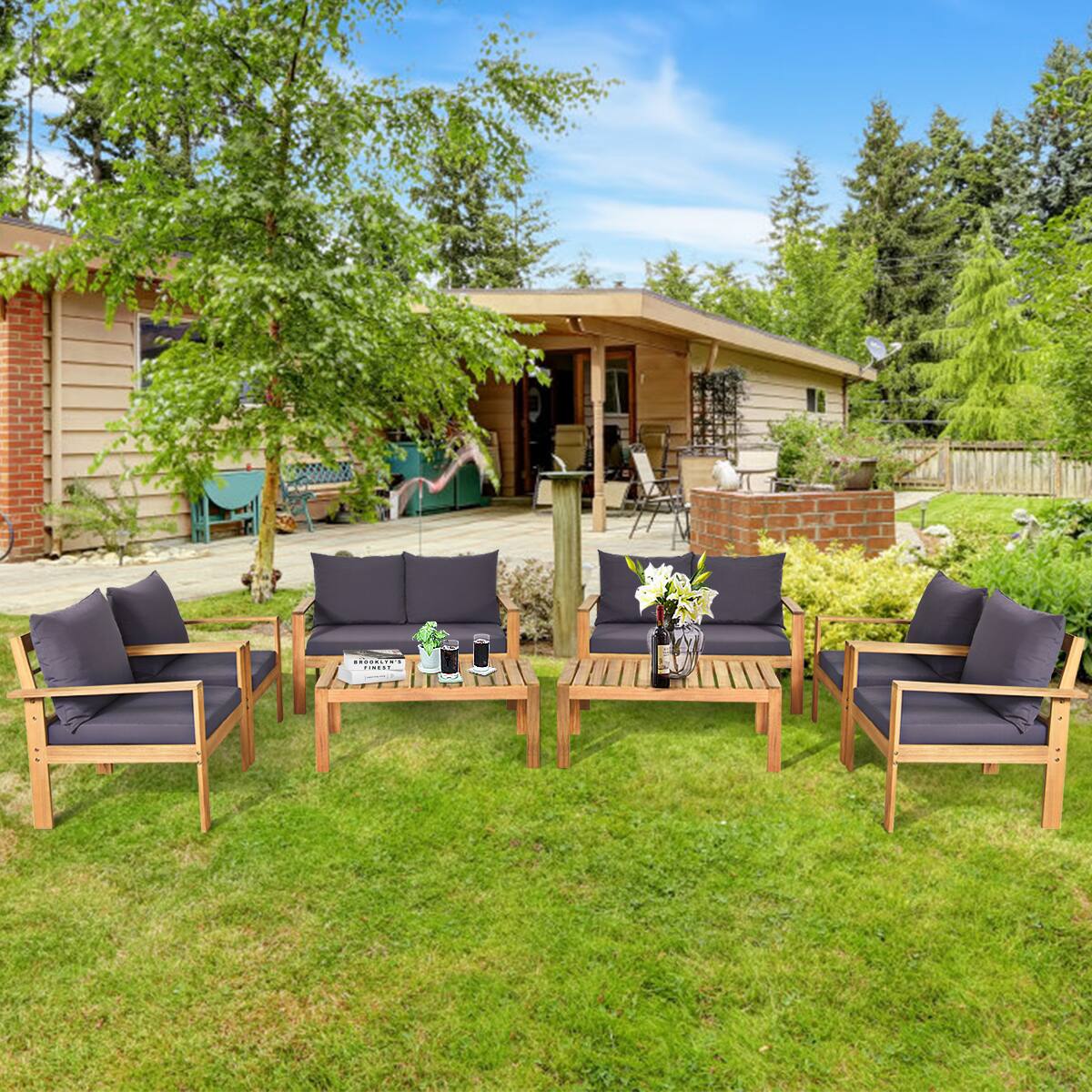 Front. Gymax - Gymax 8PCS Cushioned Wooden Conversation Set Patio Outdoor Furniture Set with Cover - Grey.