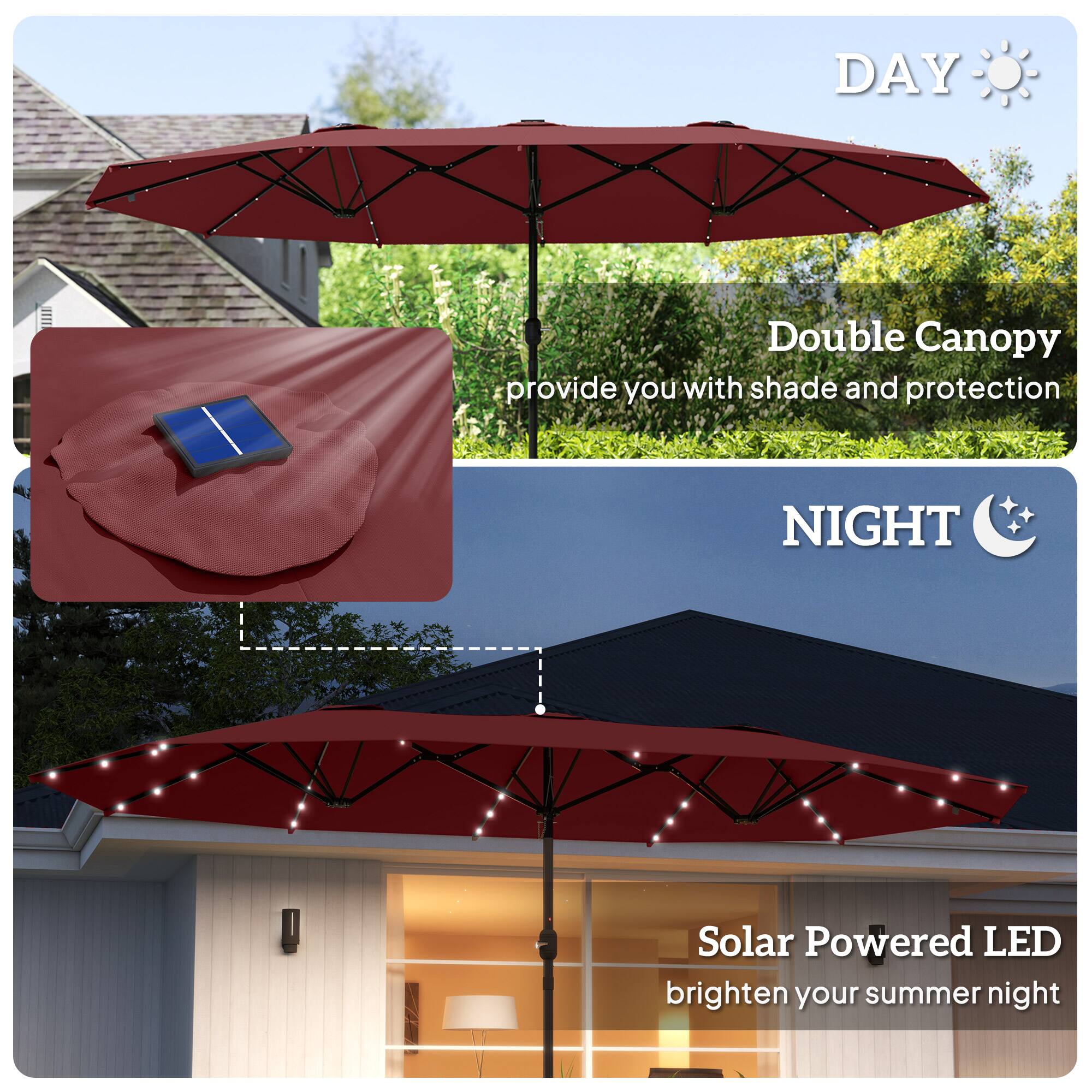 DAY: Double Canopy provide you with shade and protection
NIGHT: Solar Powered LED brighten your summer night