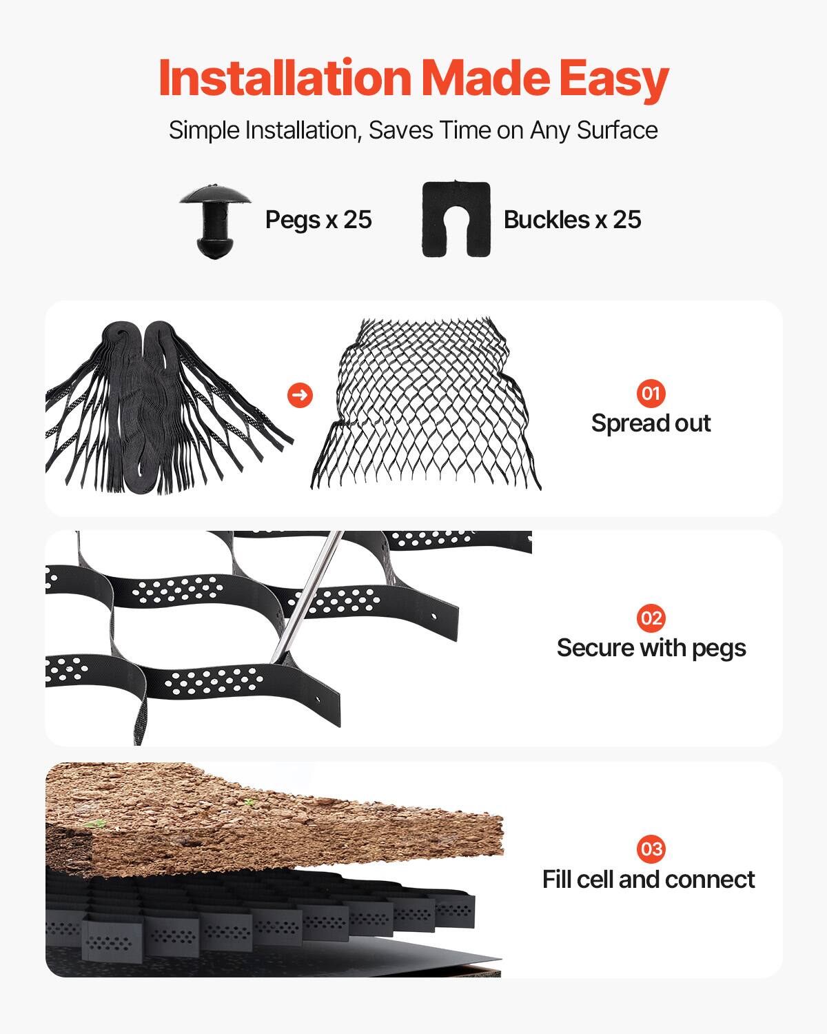 Installation Made Easy
Simple Installation, Saves Time on Any Surface
Pegs x 25
Buckles x 25
01 Spread out
02 Secure with pegs
03 Fill cell and connect