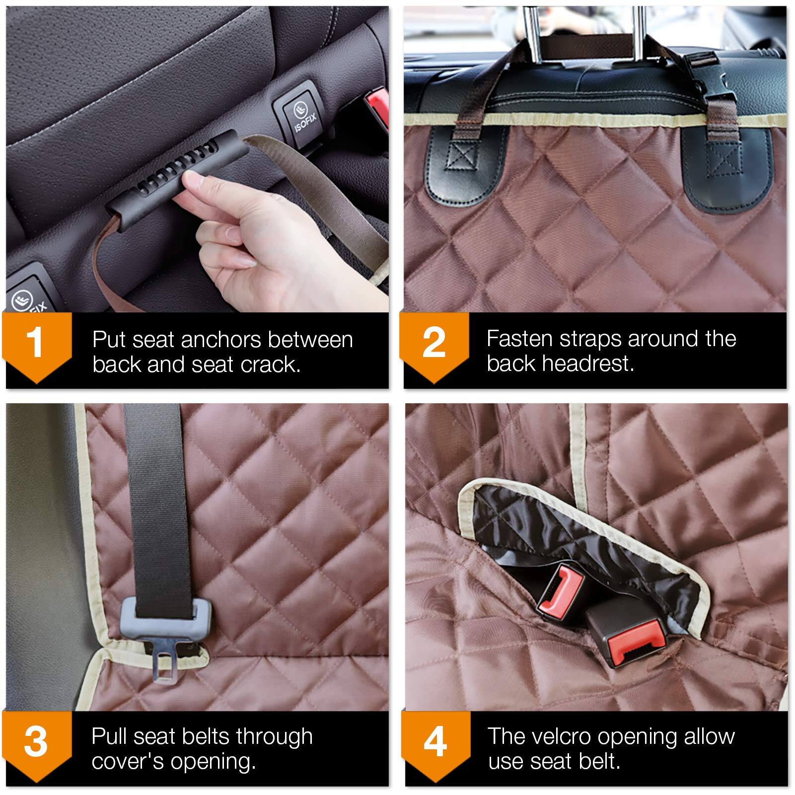 1. Put seat anchors between back and seat crack.
2. Fasten straps around the back headrest.
3. Pull seat belts through cover's opening.
4. The velcro opening allows use seat belt.