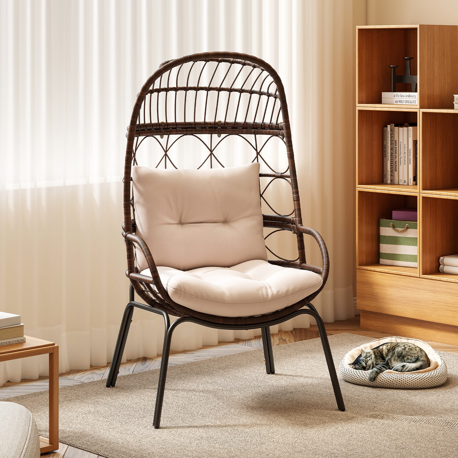 Gymax - PE Wicker Egg Chair Patio Cocoon Lounger w/ Comfortable Cushions & Metal Frame - Mix Brown, Beige