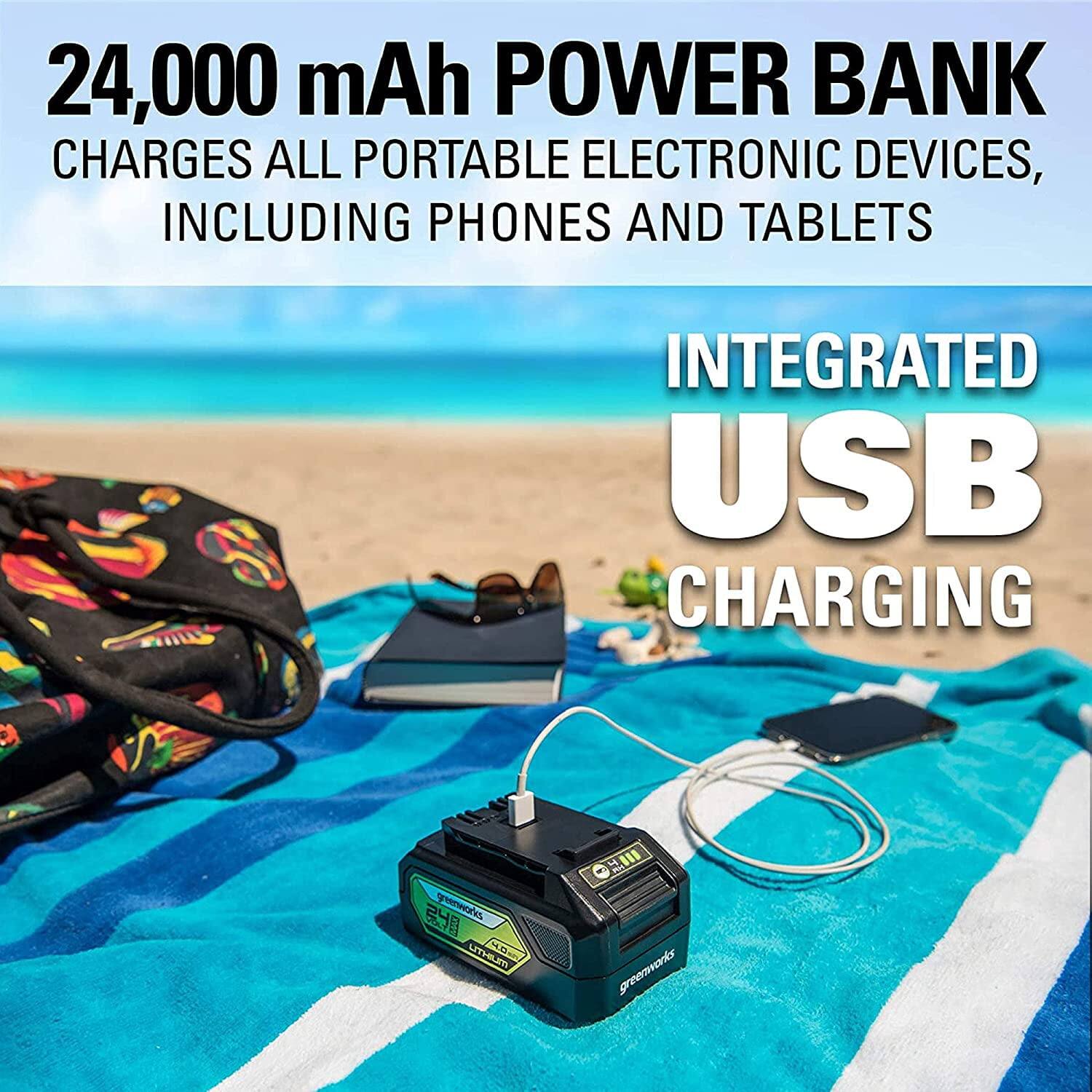 24,000 mAh Power Bank  
Charges all portable electronic devices, including phones and tablets  

Integrated USB Charging