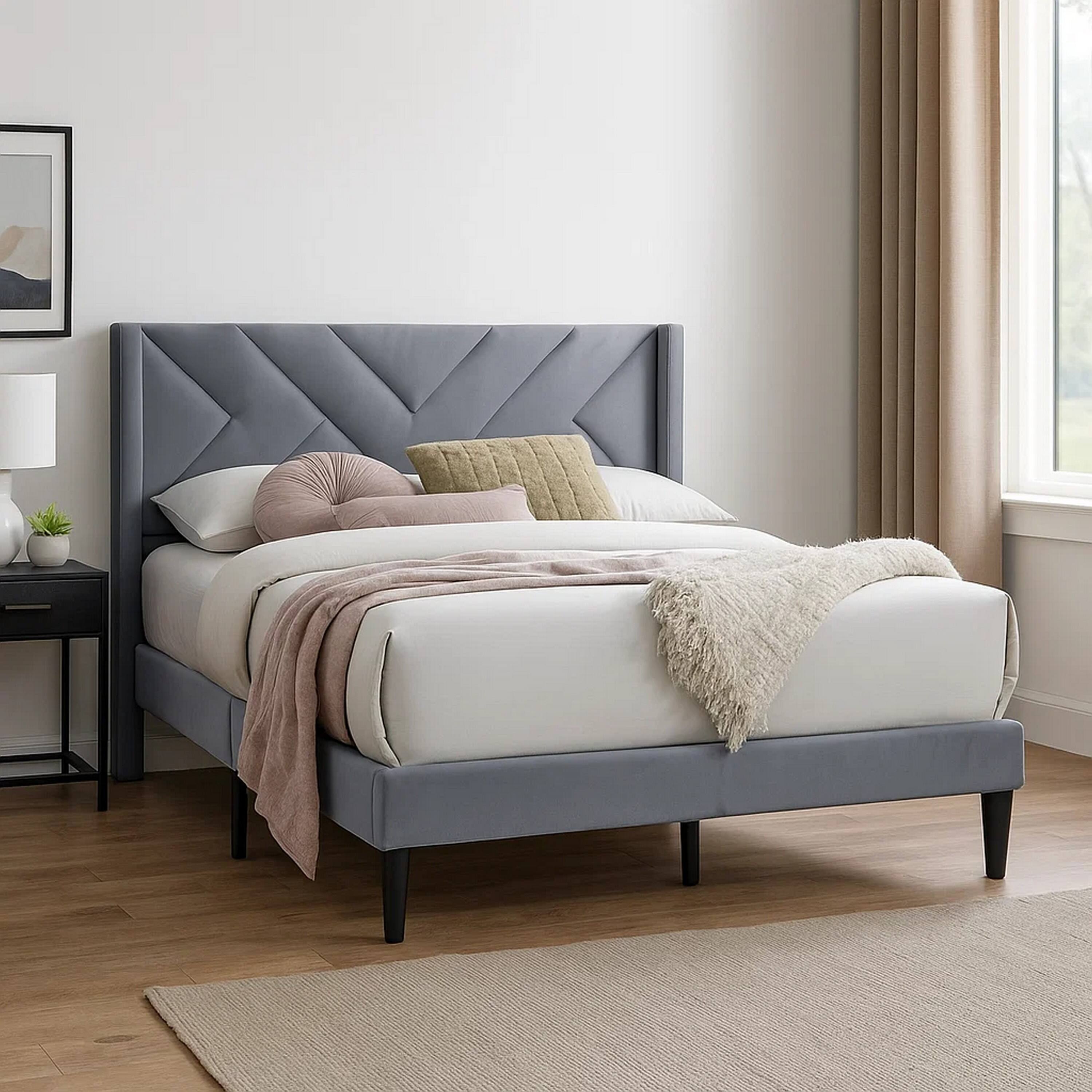 Alt View 2. Manhattan Lane - Niasa Full Size Bed, Chevron Tufted Gray Velvet Upholstered Foam - Gray, Black.