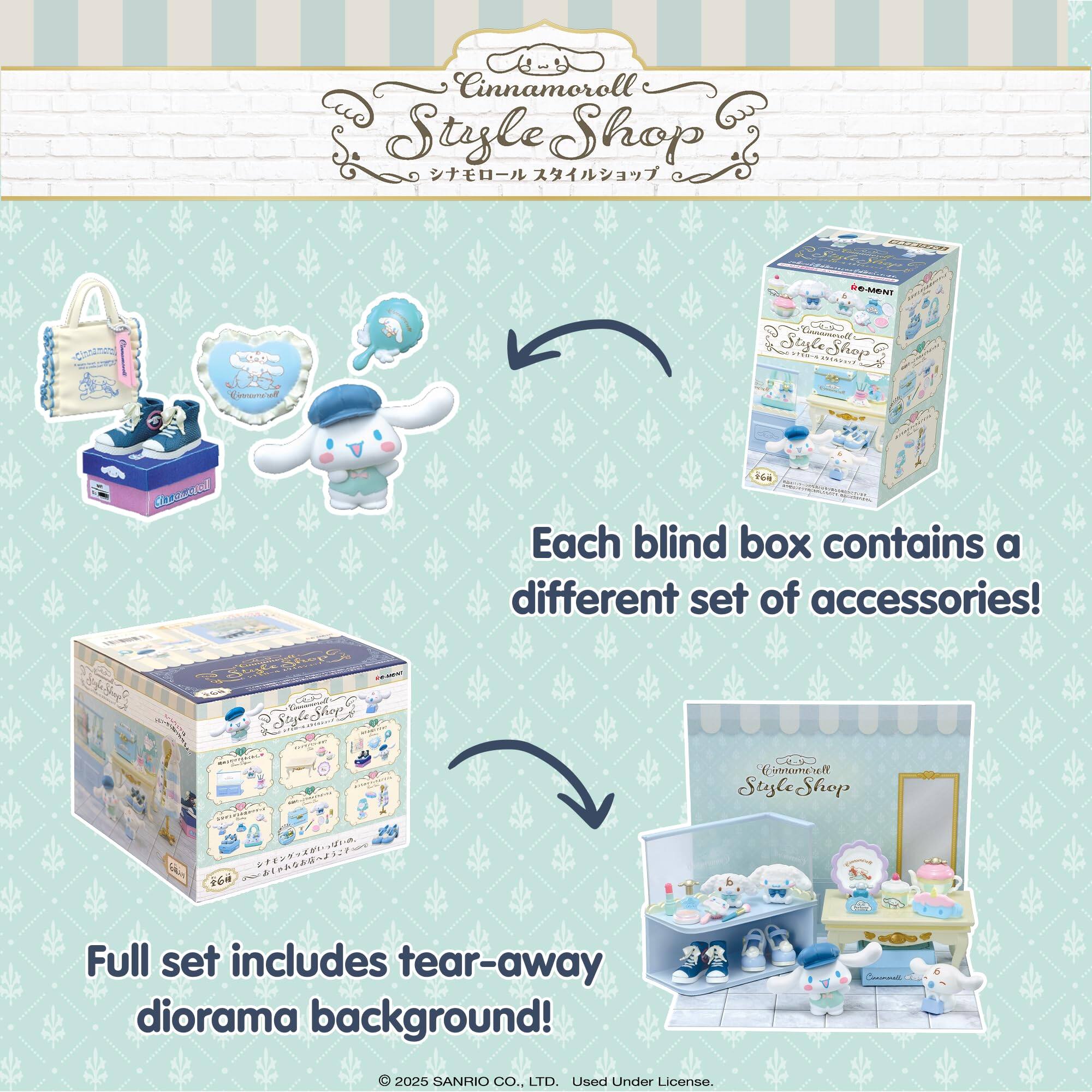 Cinnamoroll Style Shop  
Each blind box contains a different set of accessories!  
Full set includes tear-away diorama background!  
© 2025 SANRIO CO., LTD. Used Under License.