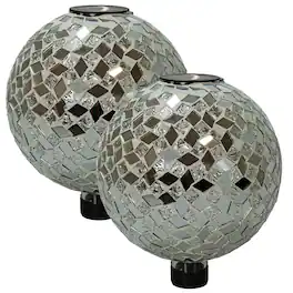 Sunnydaze - Mosaic Gazing Ball with Solar Light - 10 in - 2pk - Mirrored Diamond