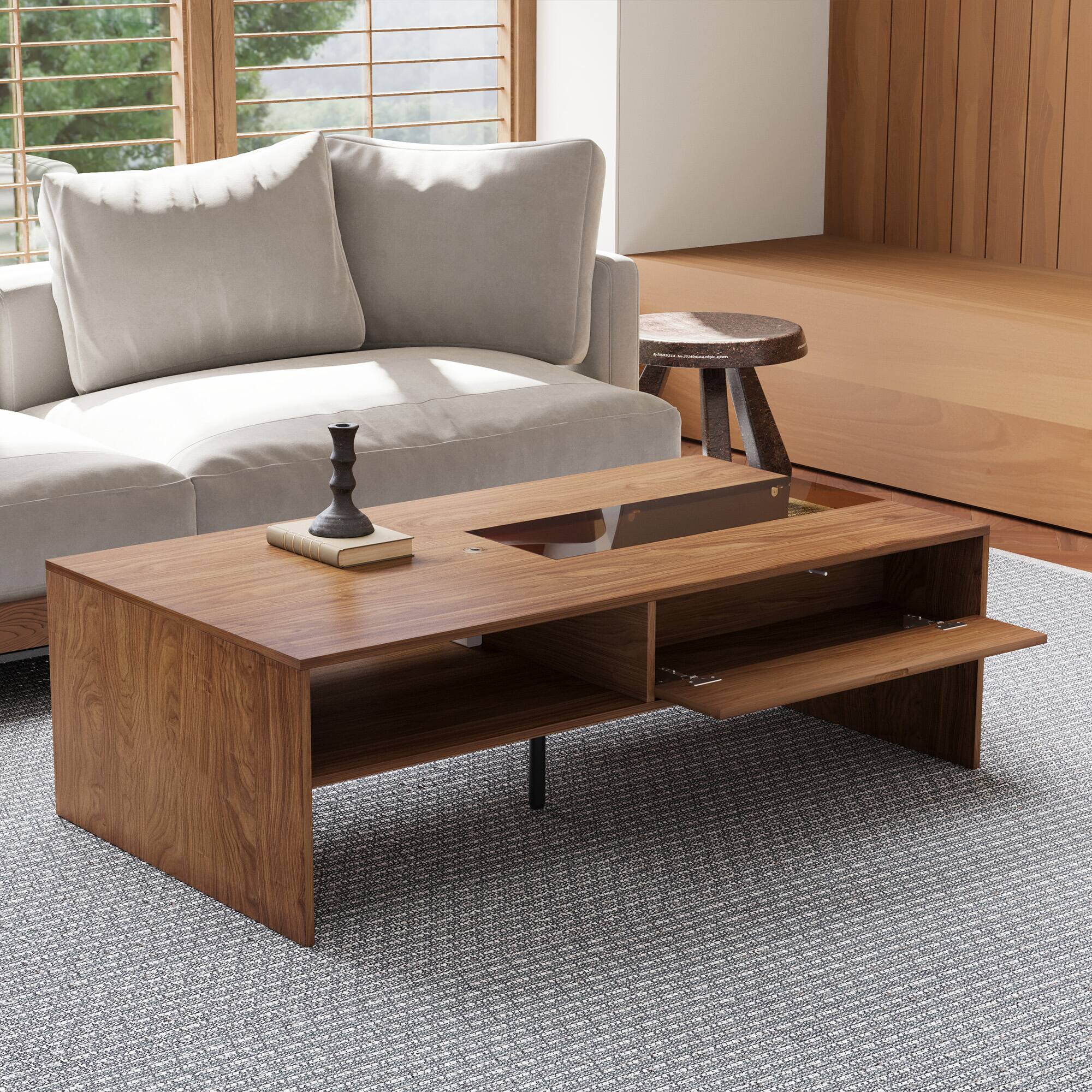 Alt View 2. luck idea - 51.1" Rectangular Coffee Table with LED Ambient Lights and Two Dust-Proof Storage Compartments - Walnut Color.