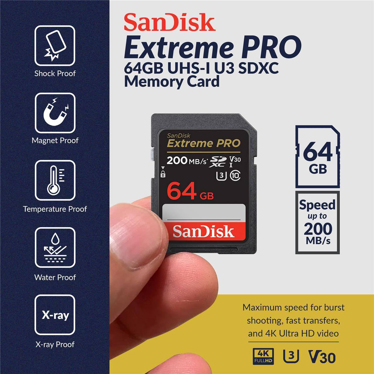 SanDisk Extreme PRO 64GB UHS-I U3 SDXC Memory Card

- Shock Proof
- Magnet Proof
- Temperature Proof
- Water Proof
- X-ray Proof

Speed up to 200 MB/s

Maximum speed for burst shooting, fast transfers, and 4K Ultra HD video

4K FULL HD V30
