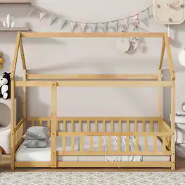 Tiramisubest - Twin Size House Floor Wooden Bed with Roof Frame,Safety Guardrails,Natural - Natural