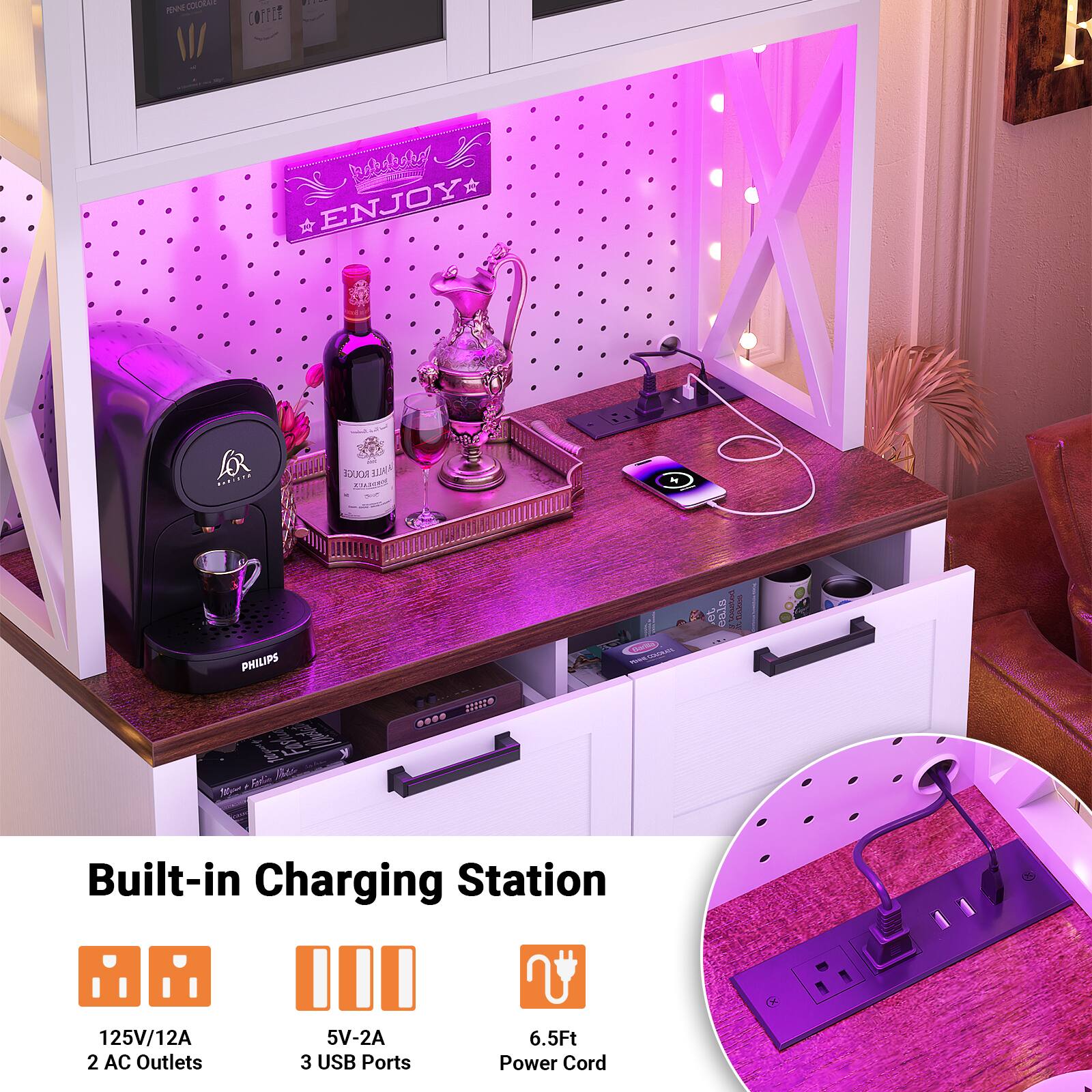 Built-in Charging Station  
125V/12A 2 AC Outlets  
5V-2A 3 USB Ports  
6.5Ft Power Cord