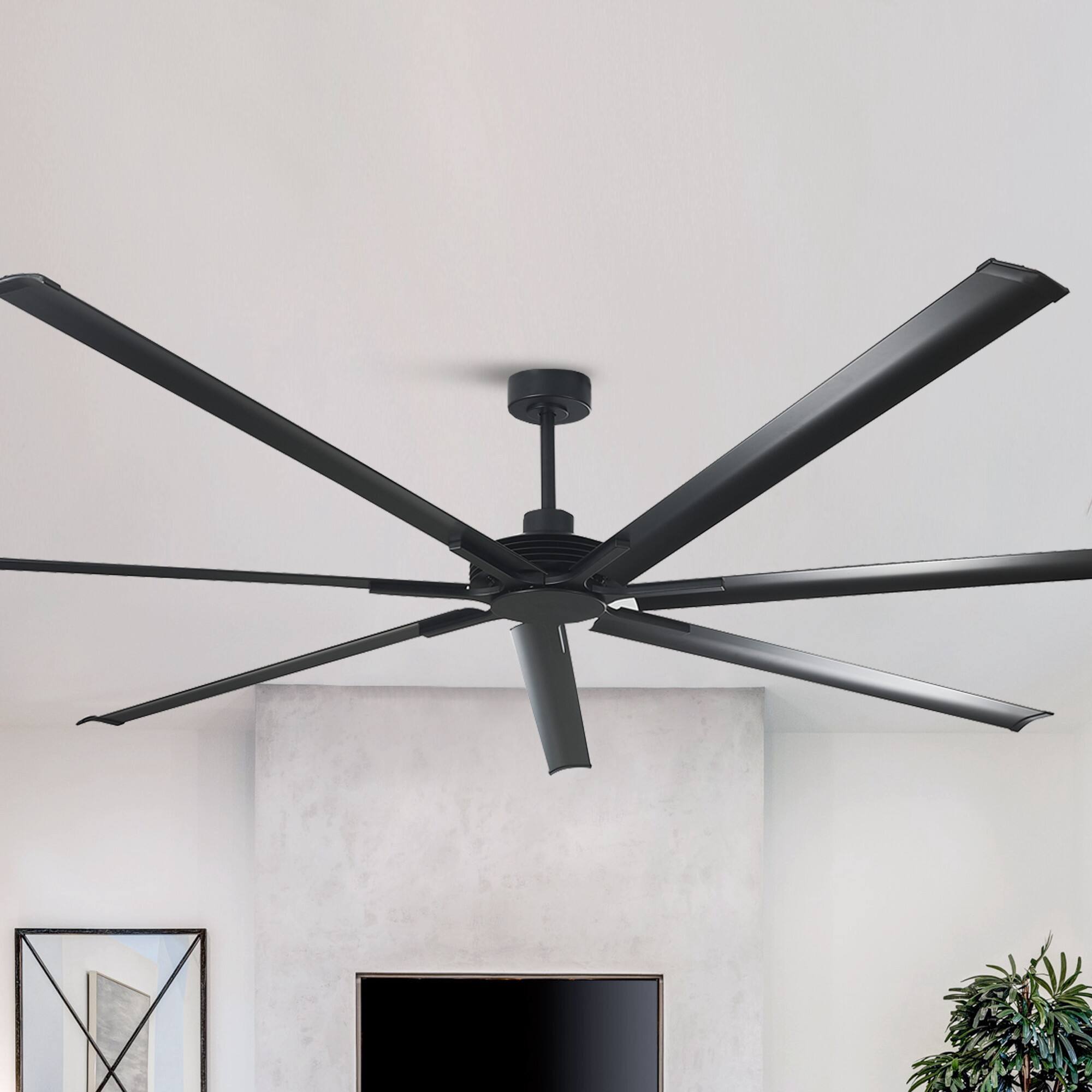 Left. Parrot Uncle - 84" Industrial Aluminum 7-Blade Black Extra Large Ceiling Fan with Remote - Matte Black.