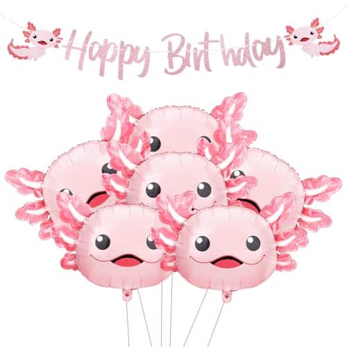 Vulpecula Spade - 7 Pcs Axolotl Birthday Decorations, 6 Inflatable Axolotl Balloons with 1 Happy Birthday Banner, 19in * 27in - Pink