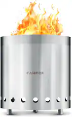 Front. Campior - Smokeless Wood Burning Fire Pit – Stainless Steel Stove with Ash Pan, Stand & Carry Bag – For Camping & Outdoors - Stainless Steel.