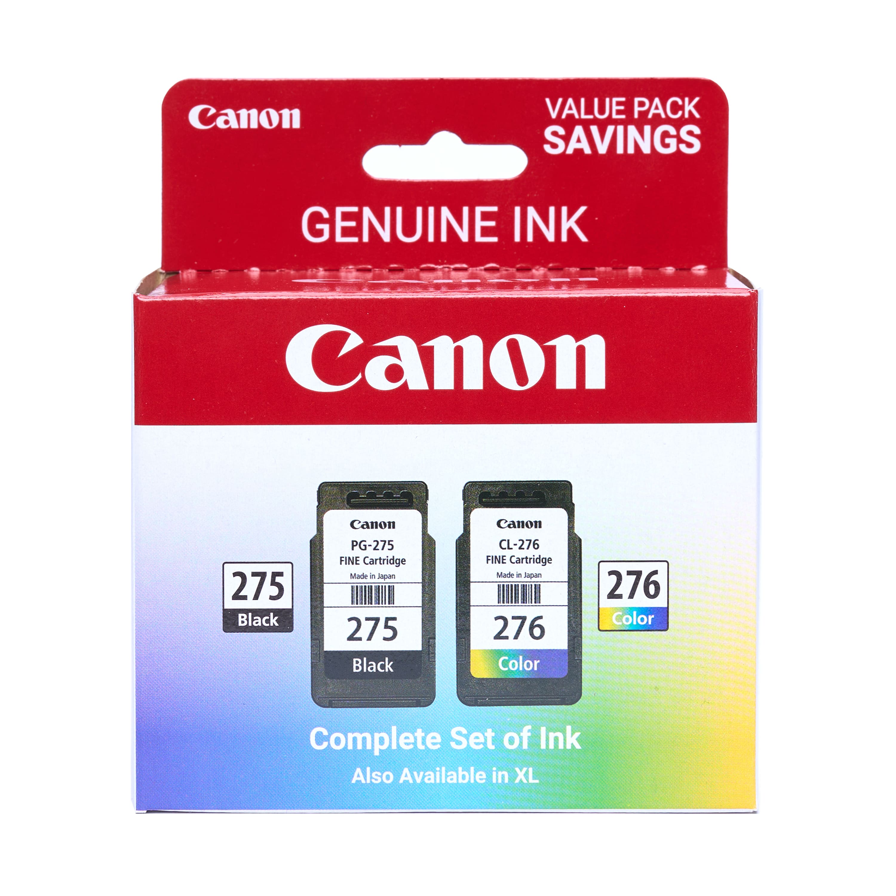 Canon Value Pack Savings Genuine Ink Canon 275 Black Canon PG-275 FINE Cartridge Made in Japan 275 Black Canon CL-276 FINE Cartridge Made in Japan 276 Color 276 Color Complete Set of Ink Also Available in XL