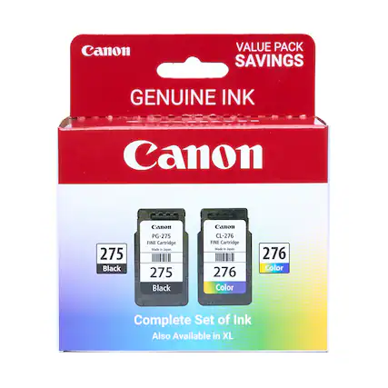 Canon Value Pack Savings Genuine Ink Canon 275 Black Canon PG-275 FINE Cartridge Made in Japan 275 Black Canon CL-276 FINE Cartridge Made in Japan 276 Color 276 Color Complete Set of Ink Also Available in XL