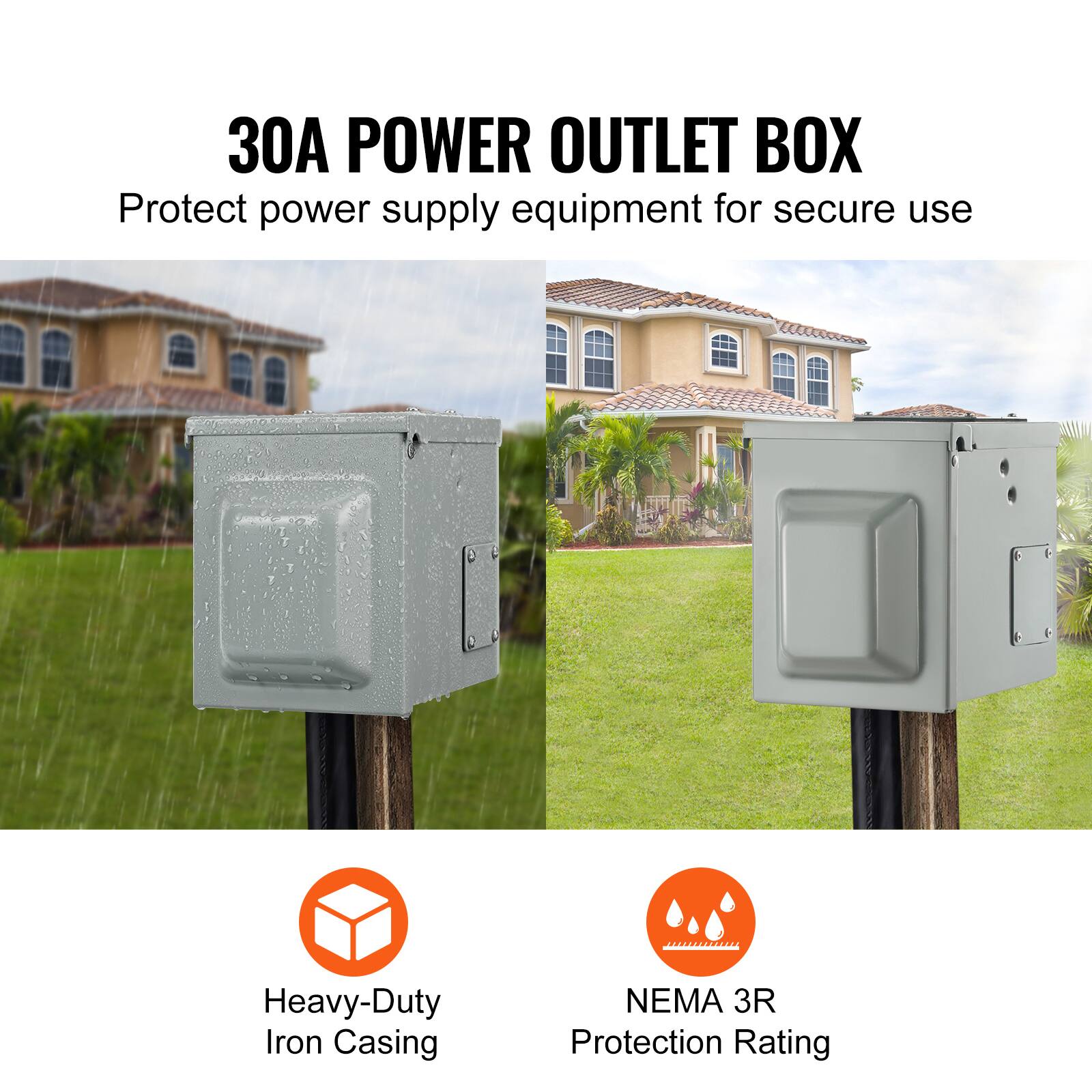 30A POWER OUTLET BOX  
Protect power supply equipment for secure use  

Heavy-Duty Iron Casing  
NEMA 3R Protection Rating