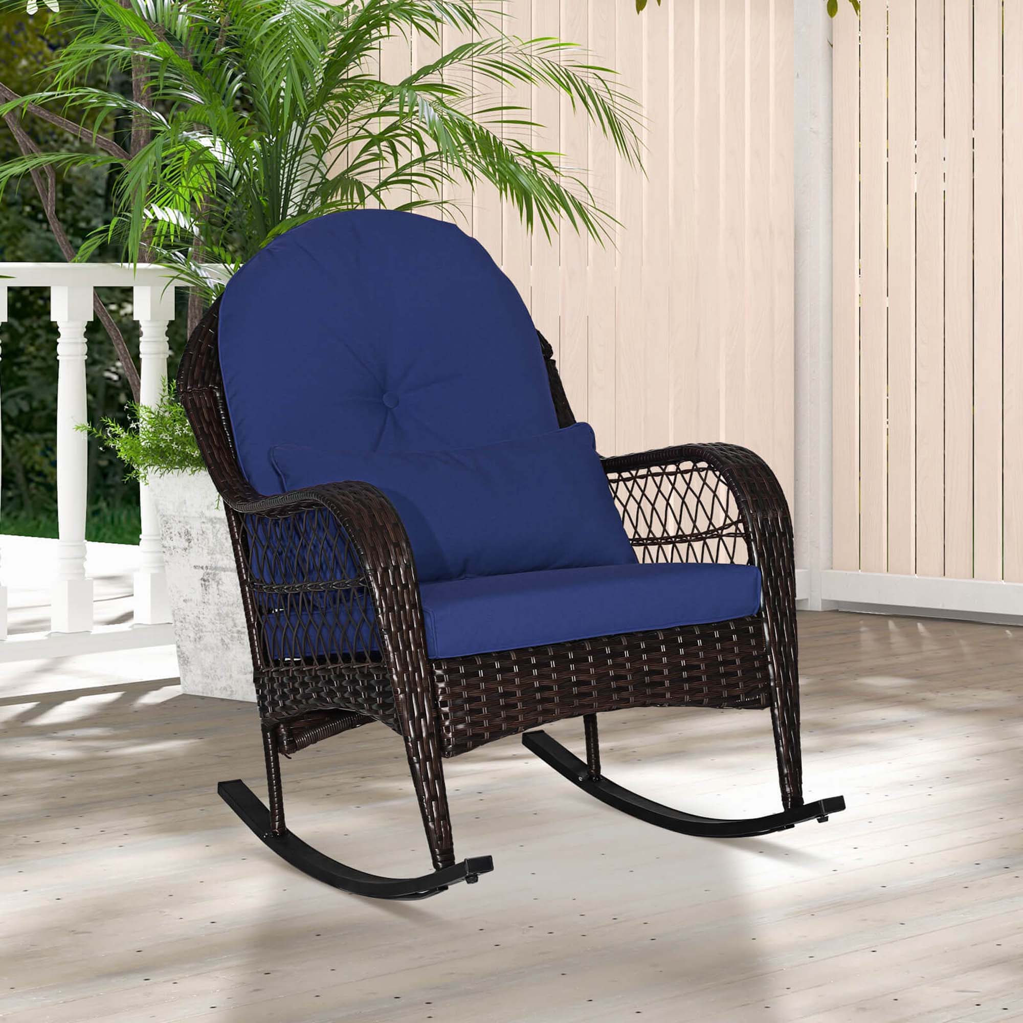 Angle. Costway - Patio Wicker Rocking Chair with Seat Back Cushions & Lumbar Pillow Porch - Mix Brown + Navy.