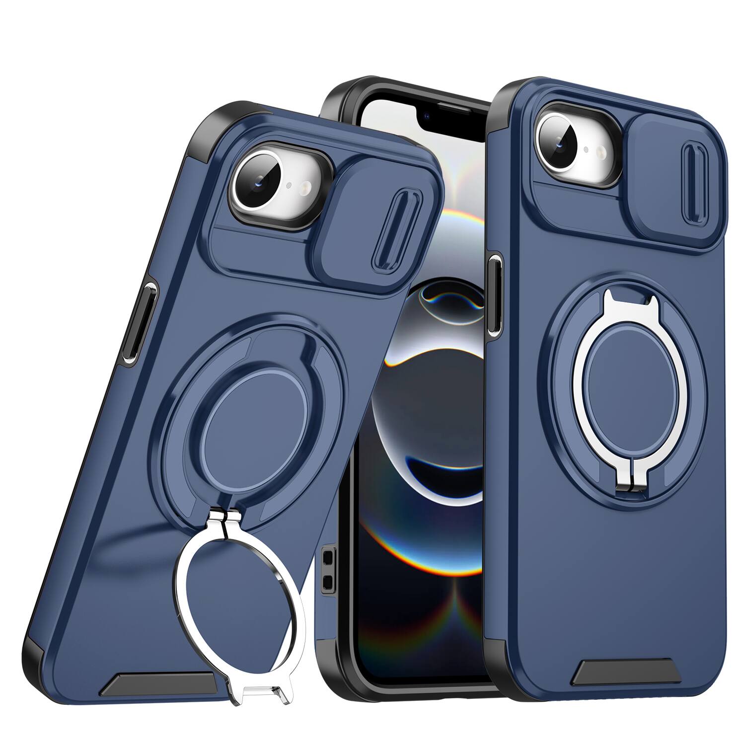 UUCOVER - Ring Holder Case for iPhone 17e / iPhone 16e,Shockproof TPU+PC Kickstand Case Sliding Camera Protective Cover - Blue