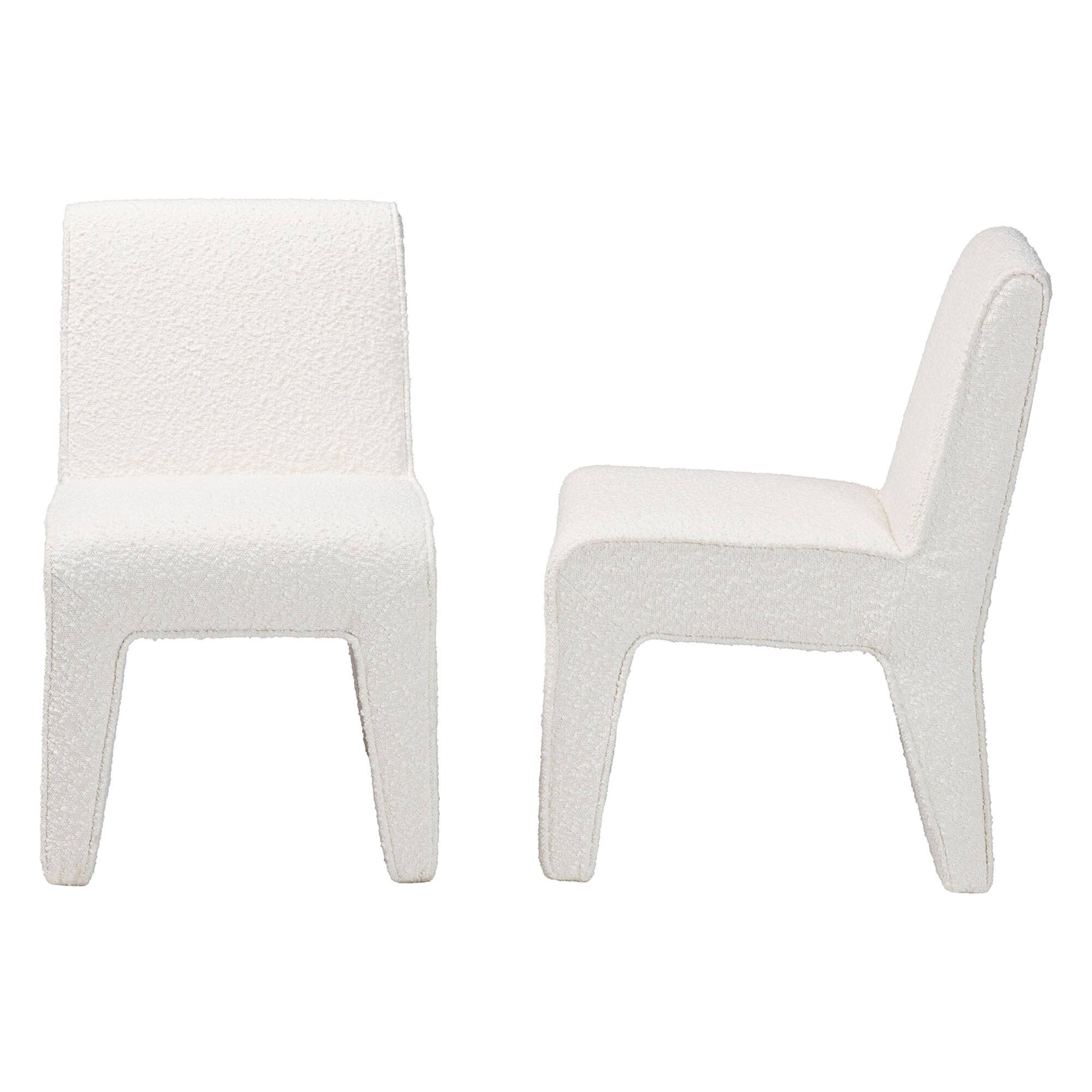 Left. Baxton Studio - Helios Boucle Dining Chair Set of 2 – Modern Armless Upholstered Accent Chair, Soft White - Cream.