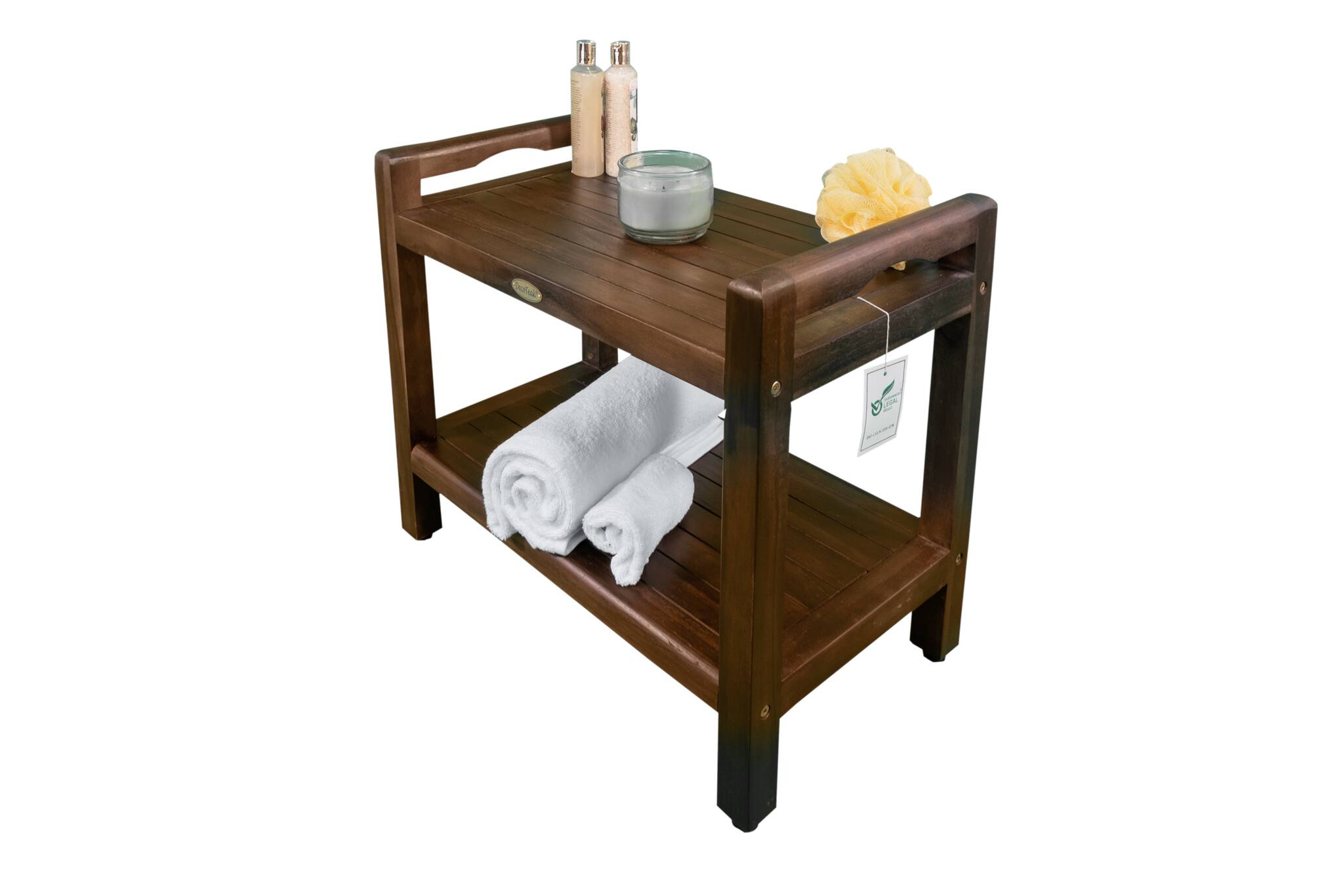 Back. DecoTeak - DecoTeak Eleganto 24" Teak Wood Shower Bench with LiftAide Arms and Shelf in Woodland Brown Finish - Woodland Brown.