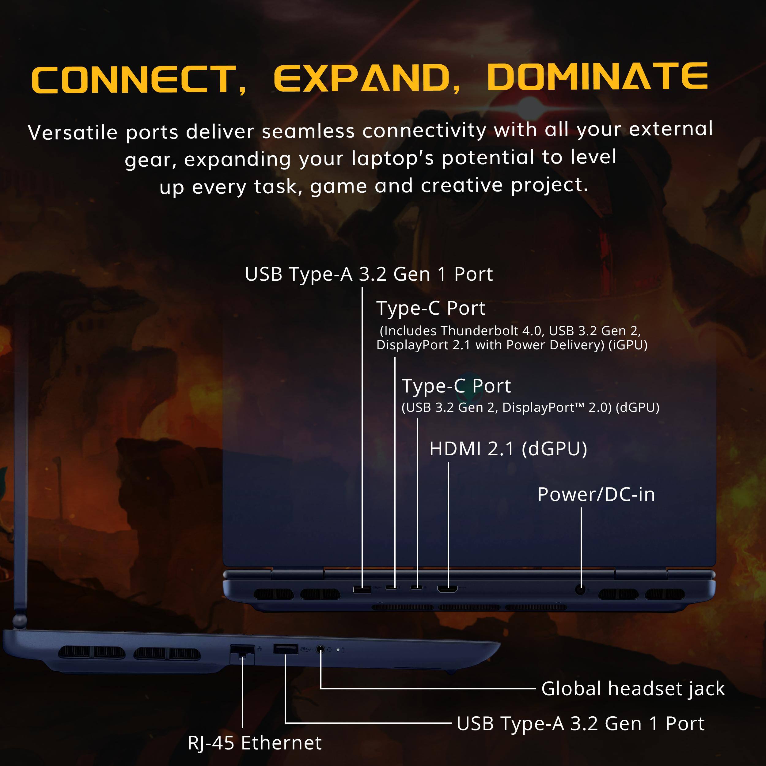 CONNECT, EXPAND, DOMINATE

Versatile ports deliver seamless connectivity with all your external gear, expanding your laptop's potential to level up every task, game and creative project.

- USB Type-A 3.2 Gen 1 Port
- Type-C Port (Includes Thunderbolt 4.0, USB 3.2 Gen 2, DisplayPort 2.1 with Power Delivery) (iGPU)
- Type-C Port (USB 3.2 Gen 2, DisplayPort 2.0) (dGPU)
- HDMI 2.1 (dGPU)
- Power/DC-in
- RJ-45 Ethernet
- Global headset jack
- USB Type-A 3.2 Gen 1 Port