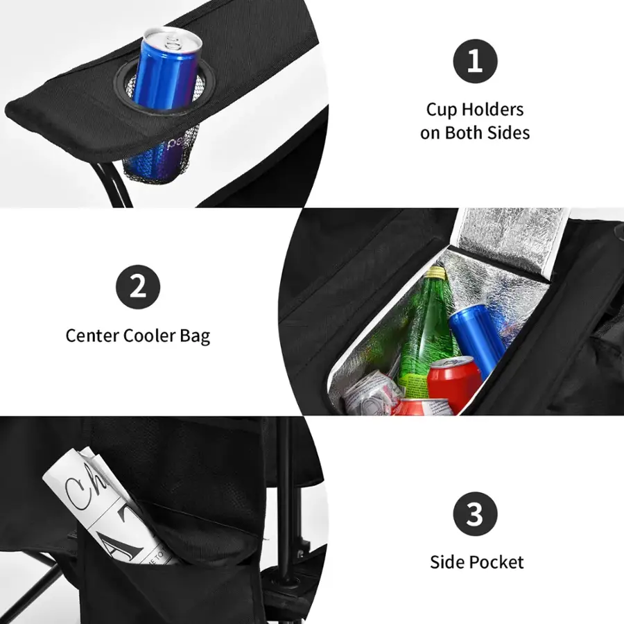 1. Cup Holders on Both Sides
2. Center Cooler Bag
3. Side Pocket