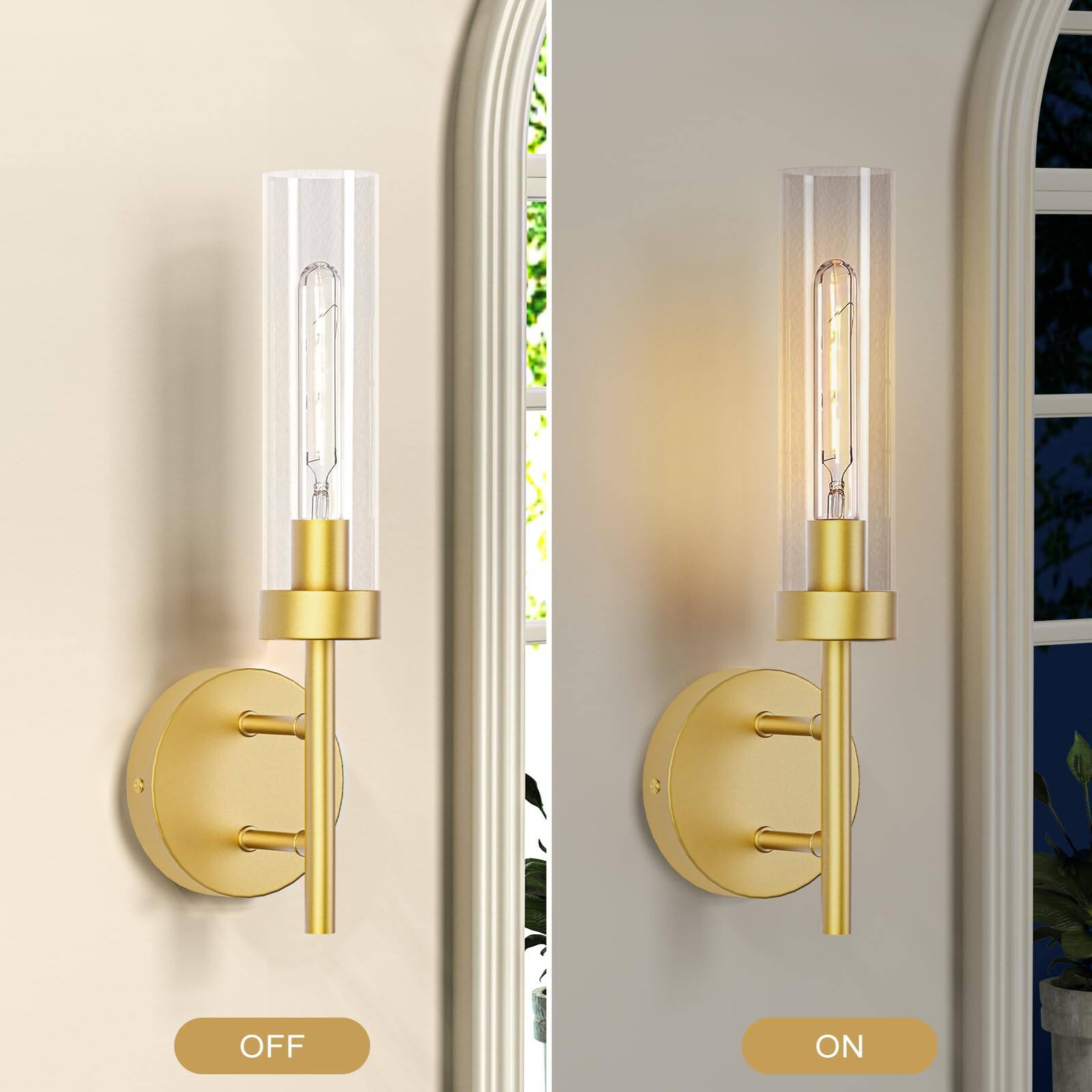 Back. E.P. Light - Set of 2 Modern Wall Sconces with Glass Lampshade - Gold.