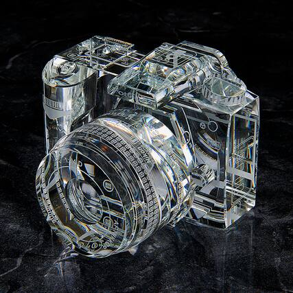 Front. Fotodiox - Crystal Camera - 2/3 Sized Replica of Nikon D90 Camera w/ Nikkor 18-105mm ED VR Lens; Paperweight, Bookends, Display.