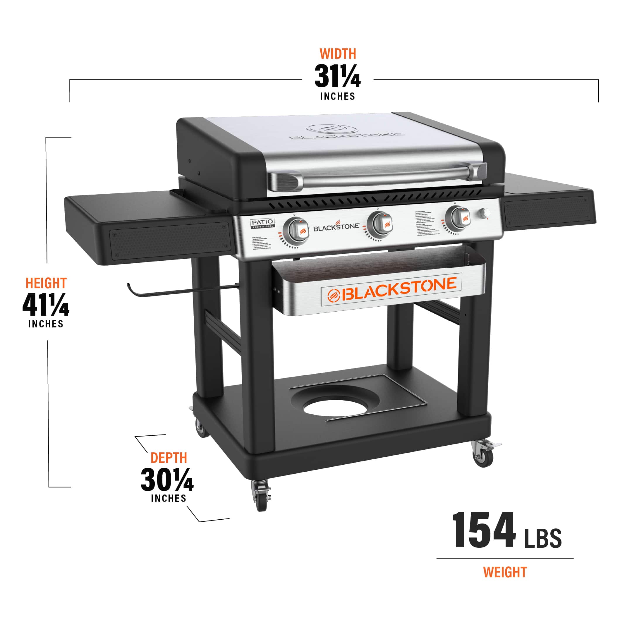 WIDTH: 31 1/4 inches
HEIGHT: 41 1/4 inches
DEPTH: 30 1/4 inches
WEIGHT: 154 lbs