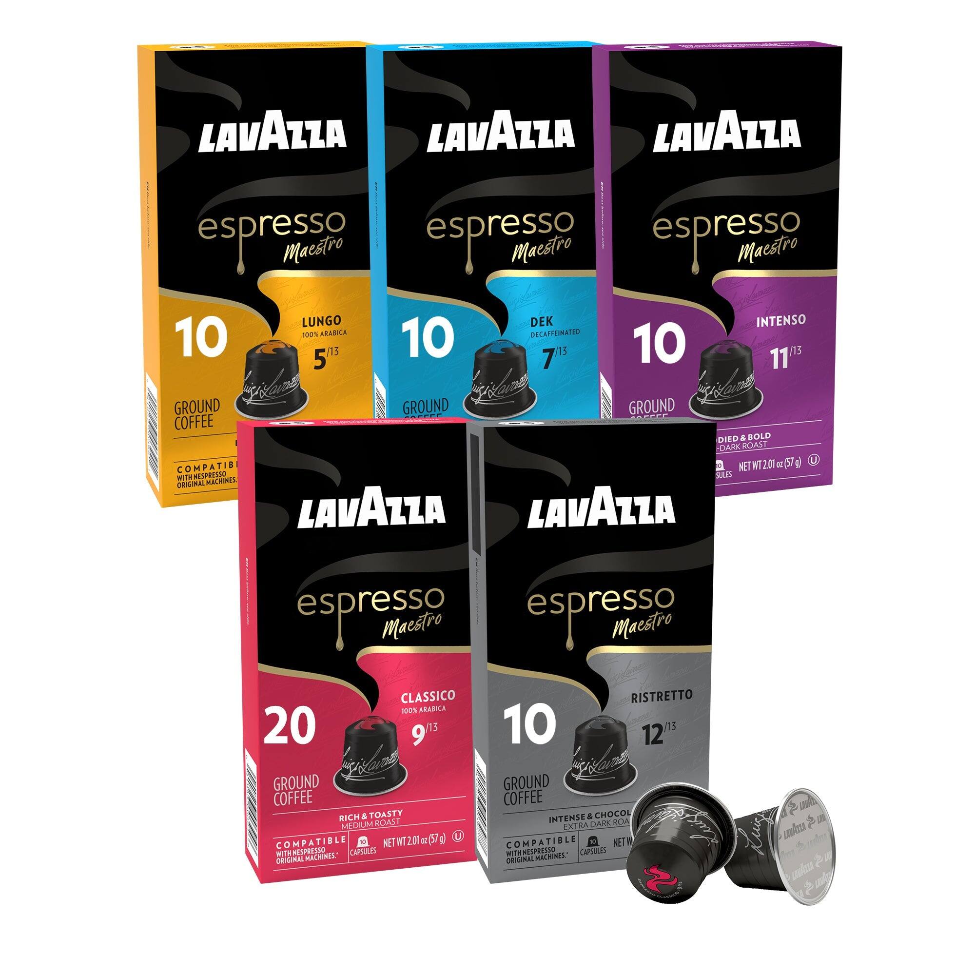 LAVAZZA espresso Maestro  
LUNGO  
DEK  
INTENSO  
100% ARABICA  
DECAFFINATED  
GROUND COFFEE  
DARK ROAST  

LAVAZZA espresso Maestro  
CLASSICO  
GROUND COFFEE  
MEDIUM ROAST  

LAVAZZA espresso Maestro  
RISTRETTO  
GROUND COFFEE  
INTENSE & CHOCOLATE  
EXTRA DARK ROAST  

NET WT 120g (4.2 oz)  
COMPATIBLE WITH ORIGINAL MACHINES