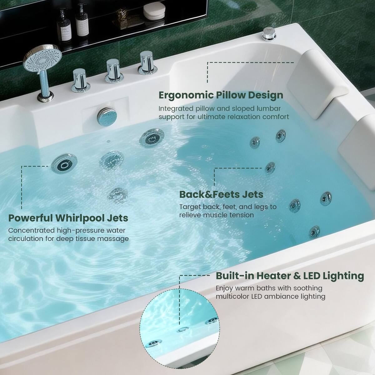 Loheer 61 in Acrylic Freestanding Whirlpool Bathtub for Two with Heater ...