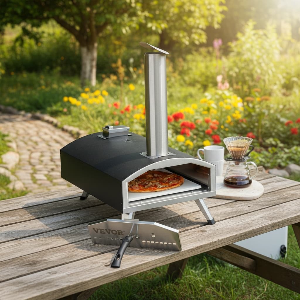 Forest'nSky - Portable Outdoor Pizza Oven, 12" Tri-Fuel for Pellets, Charcoal & Wood Chips, Includes Stone, Cover & Peel - Black