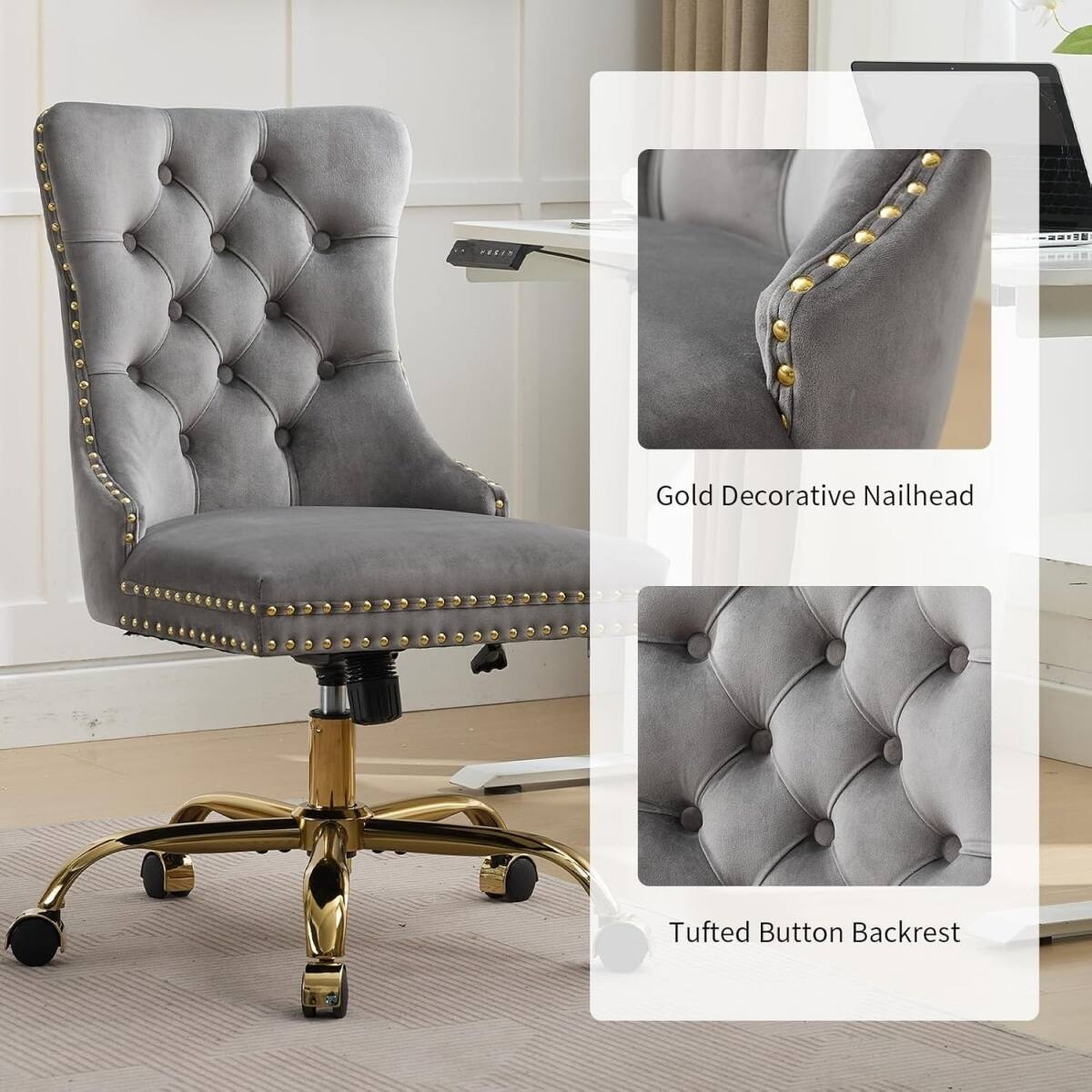 Gold Decorative Nailhead  
Tufted Button Backrest