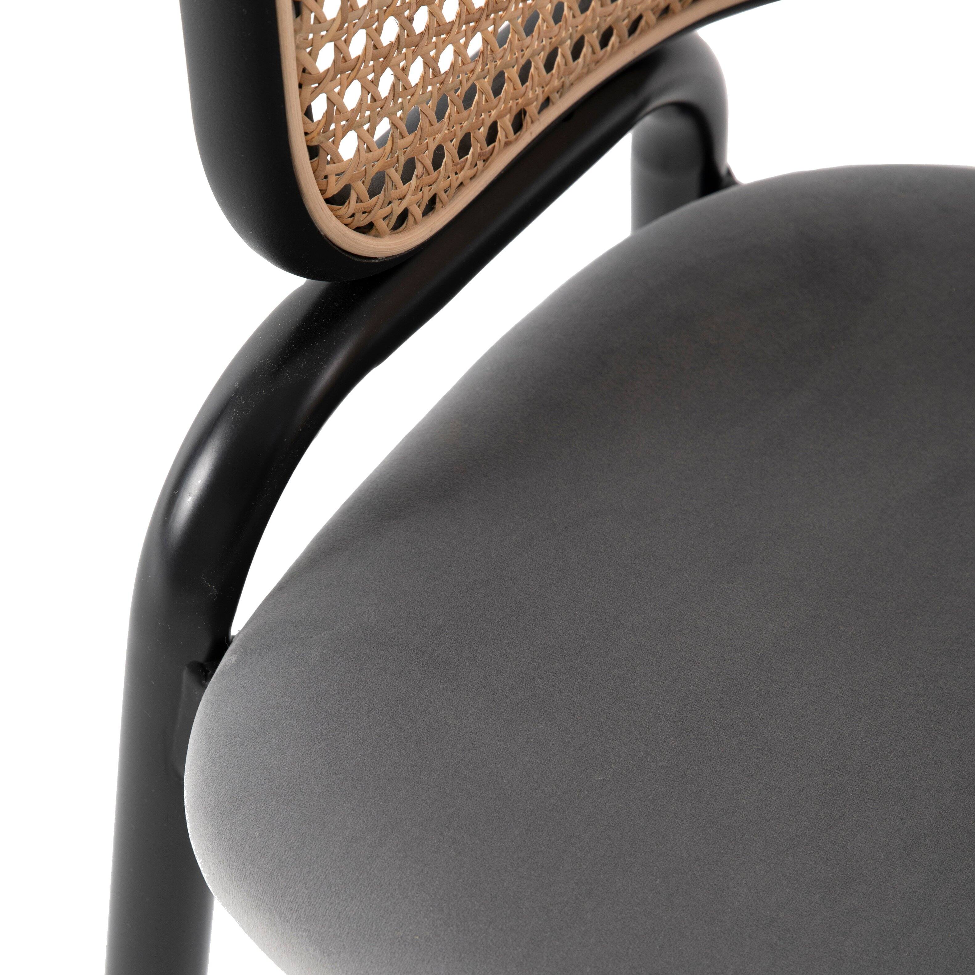 Alt View 4. LeisureMod - Ervilla Mid-Century Modern Dining Arm Chair, Velvet Upholstered Seat with Rattan Back & Metal Base - Navy Blue.