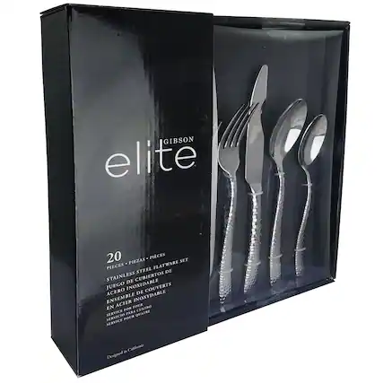 The image features a Gibson Elite set of flatware, which includes a fork, knife, and spoon. The set is made of stainless steel and is presented in a black box. The box contains 20 pieces of flatware, making it a complete set for four people. The design of the flatware is elegant and suitable for various occasions.