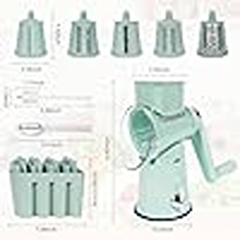 Angle. PARKER SLATER - Rotary Cheese Grater 5-in-1, Multifunction Vegetable Chopper Cutter Slicer, Round Mandoline Drum Shredder with Handle, E - Green.
