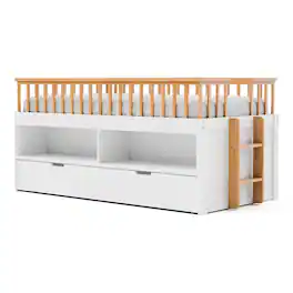 Manhattan Lane - Lexo Twin Bookcase Bunk Bed w Trundle and Ladder - White, Oak Brown