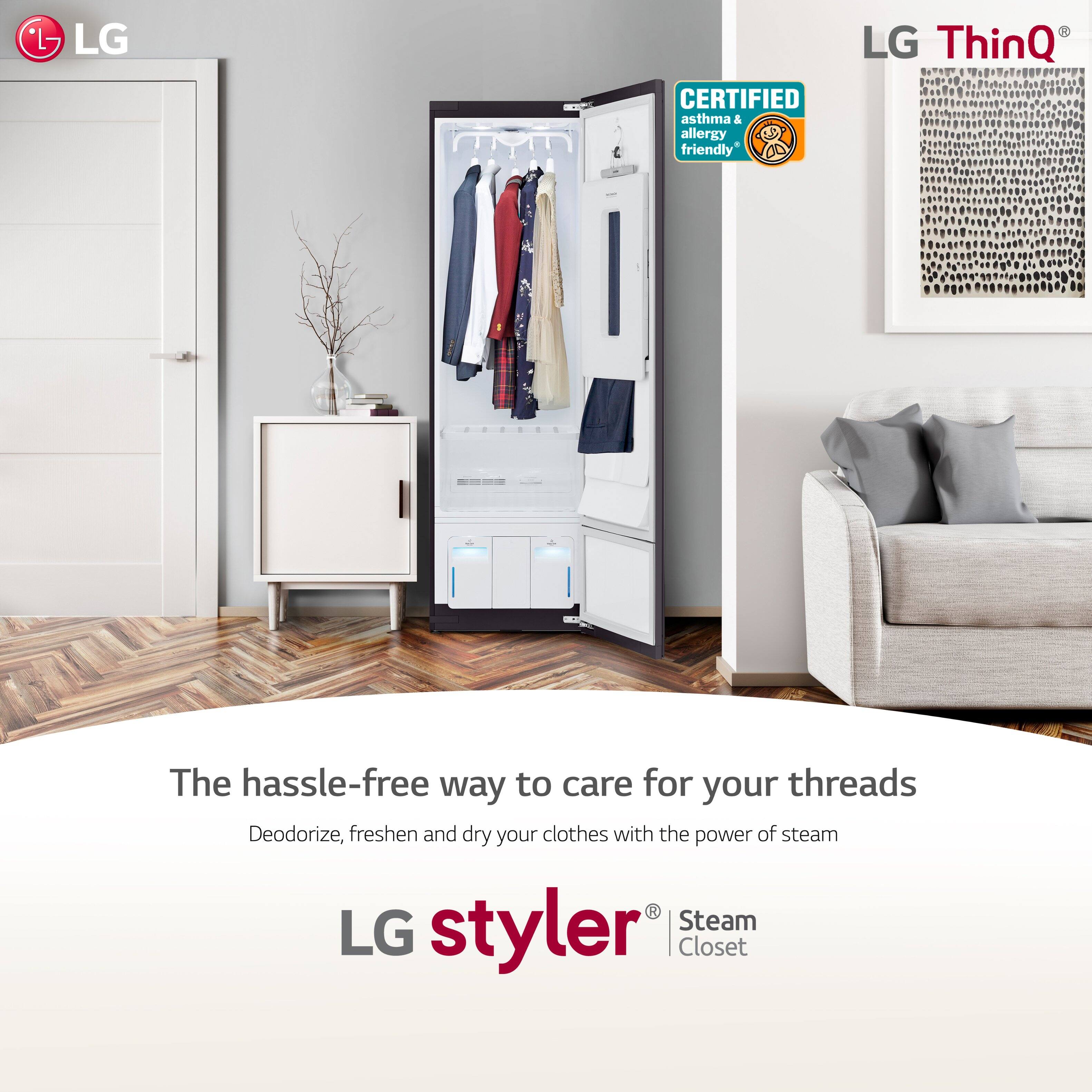 LG CERTIFIED asthma & allergy friendly

LG ThinQ

The hassle-free way to care for your threads

Deodorize, freshen and dry your clothes with the power of steam

LG styler® Steam Closet