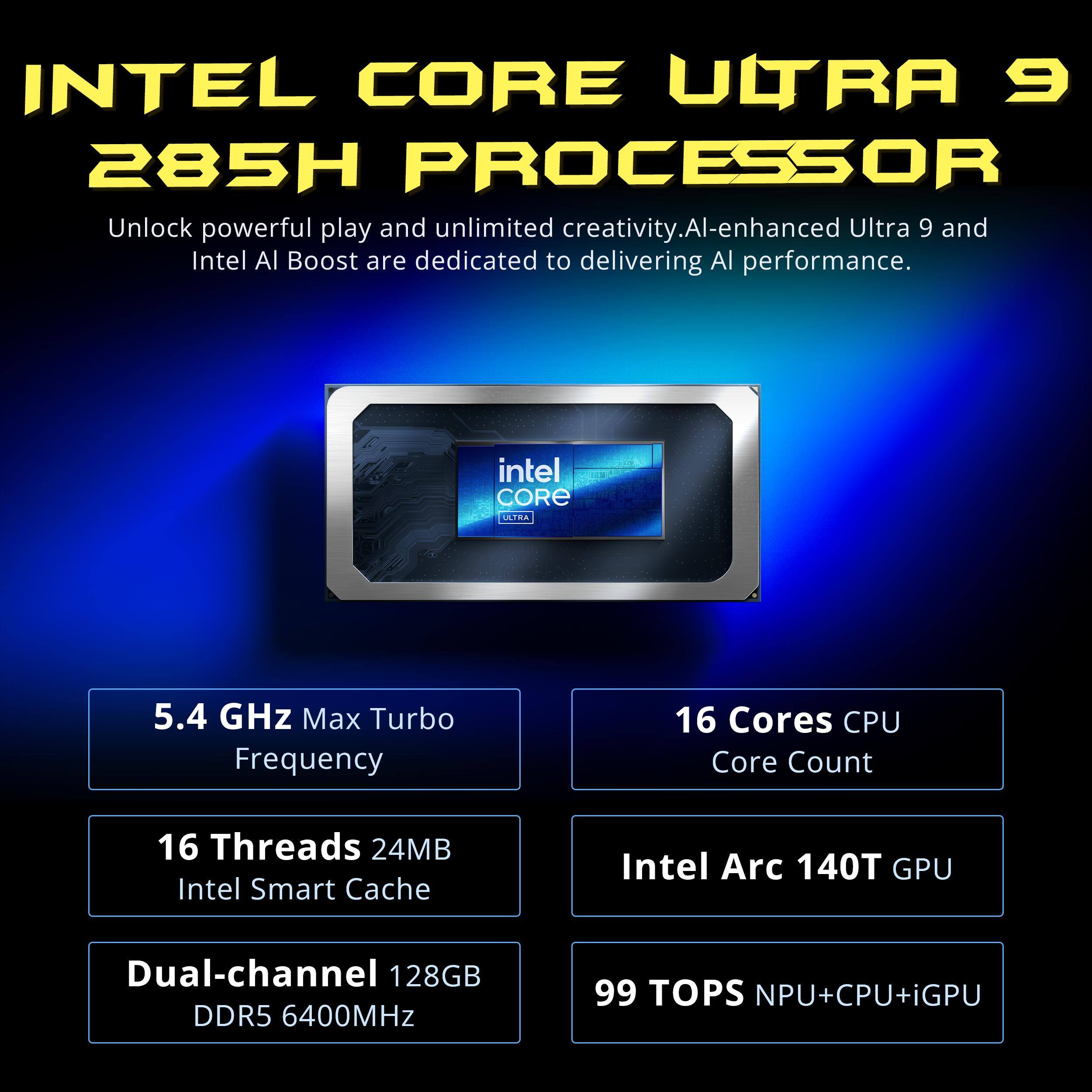 INTEL CORE ULTRA 9 285H PROCESSOR  
Unlock powerful play and unlimited creativity. AI-enhanced Ultra 9 and Intel AI Boost are dedicated to delivering AI performance.

intel CORE ULTRA  
5.4 GHz Max Turbo Frequency  
16 Cores CPU Core Count  
16 Threads 24MB Intel Smart Cache  
Intel Arc 140T GPU  
Dual-channel 128GB DDR5 6400MHz  
99 TOPS NPU+CPU+iGPU