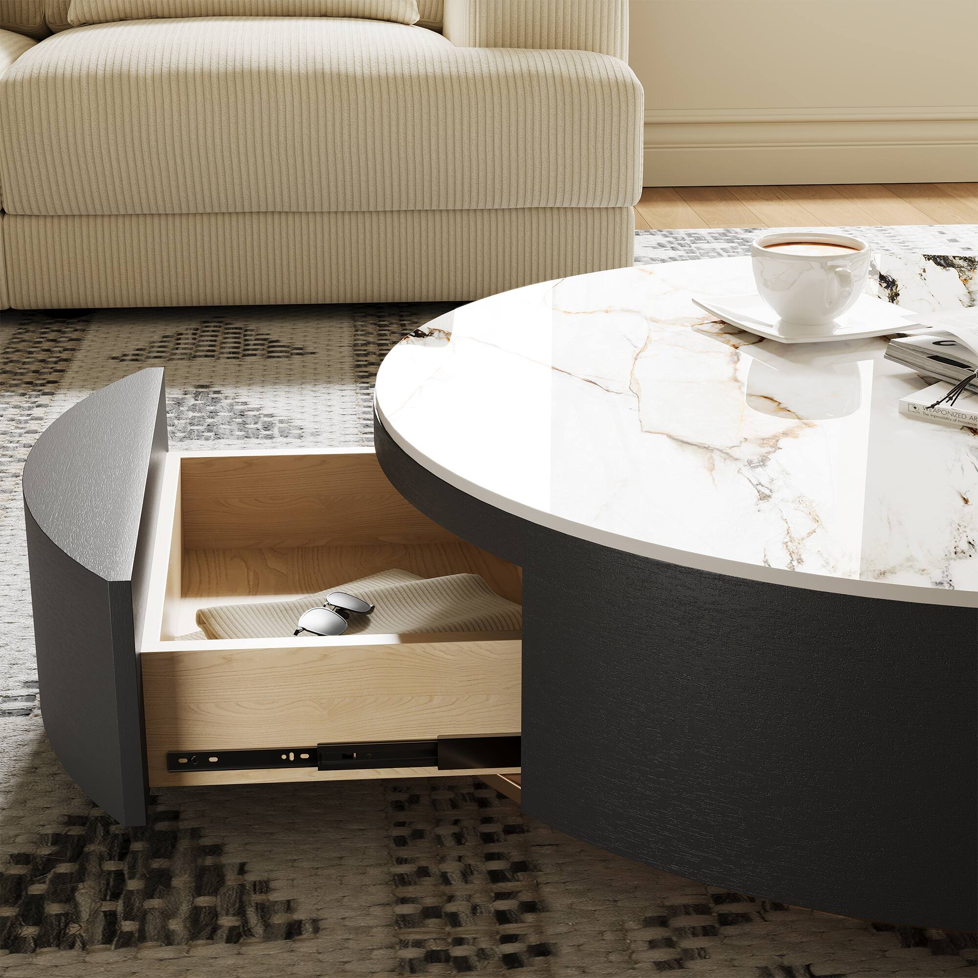 Alt View 2. POVISON - 39" Wood Modern Round Drum Sintered Stone Coffee Table with 2 Drawers Fully Assembled, Black & White - White & Black.