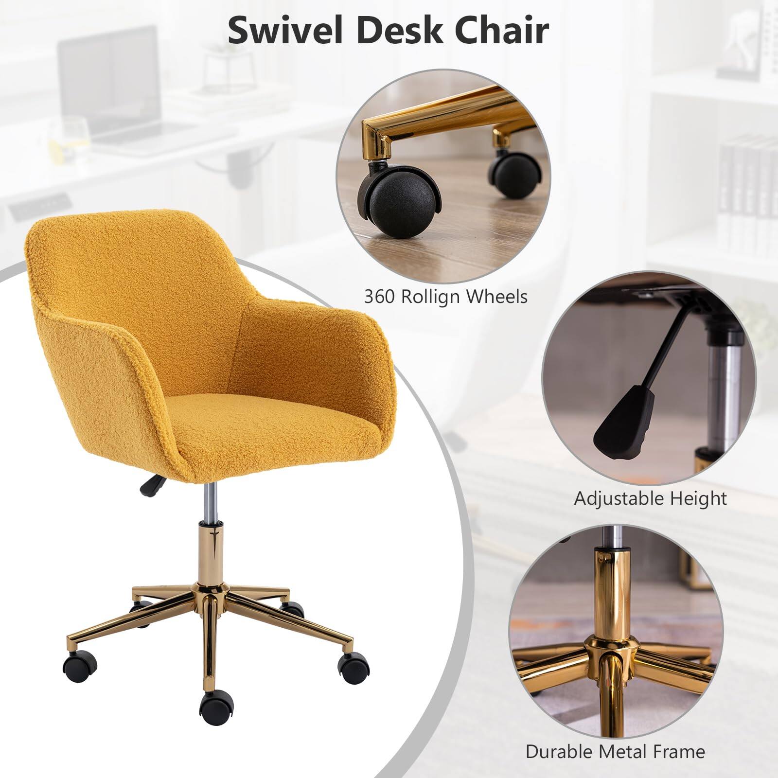 Swivel Desk Chair

- 360 Rollign Wheels
- Adjustable Height
- Durable Metal Frame