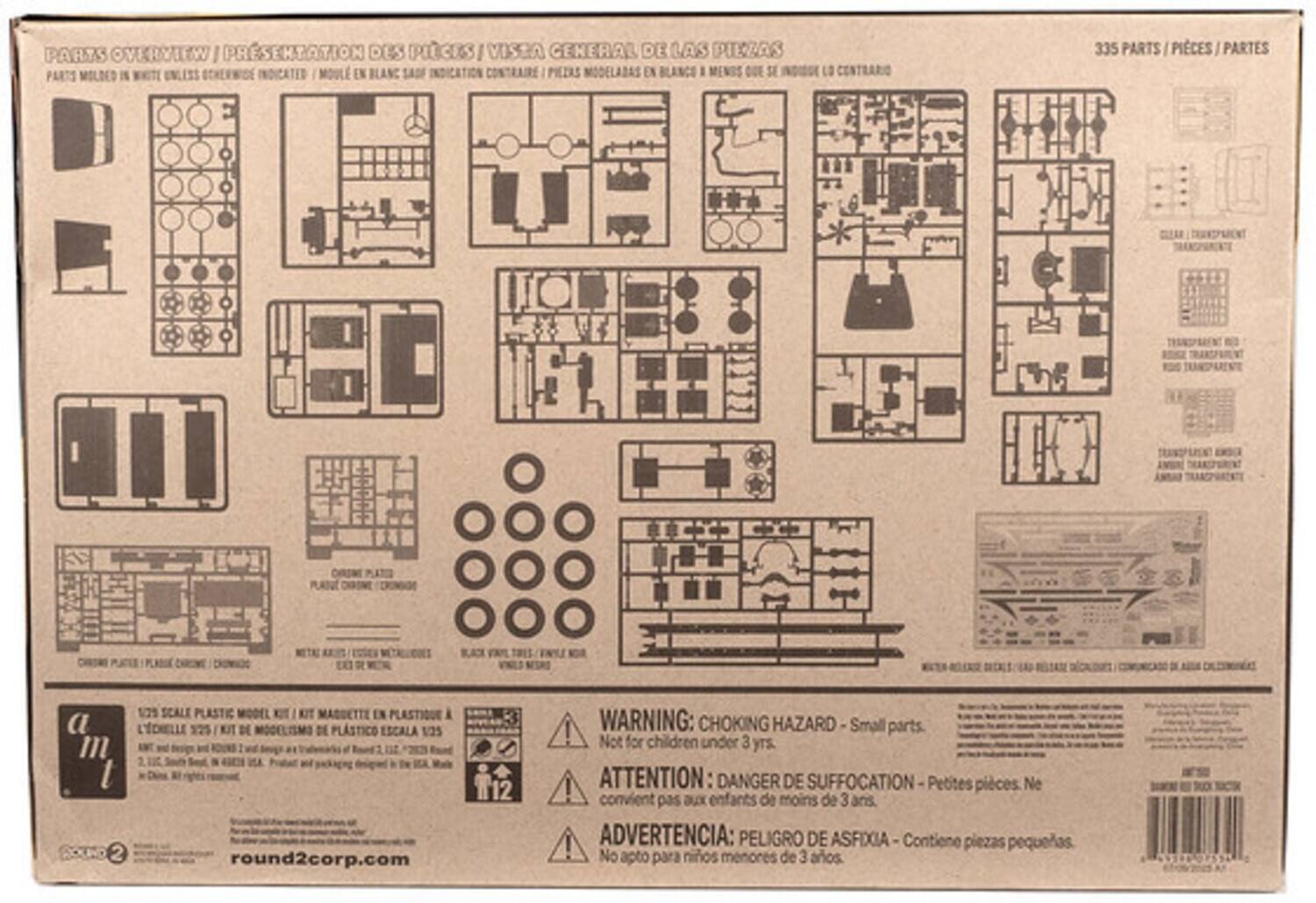 **Parts Overview / Présentation des pièces / Vista general de las piezas**

Parts molded in white unless otherwise indicated / Moulé en blanc sauf indication contraire / Piezas modeladas en blanco a menos que se indique lo contrario

335 Parts / Pièces / Partes

1:25 Scale Plastic Model Kit / Kit Maquette en plastique / Escala 1:25

**Warning: Choking Hazard - Small parts. Not for children under 3 yrs.**

**Attention: Danger de suffocation - Petites pièces. Ne convient pas aux enfants de moins de 3 ans.**

**Advertencia: Peligro de asfixia - Contiene piezas pequeñas. No apto para niños menores de 3 años.**

---

**a m t**

round2corp.com

---

**Note:** Parts and text are grouped and corrected for clarity.