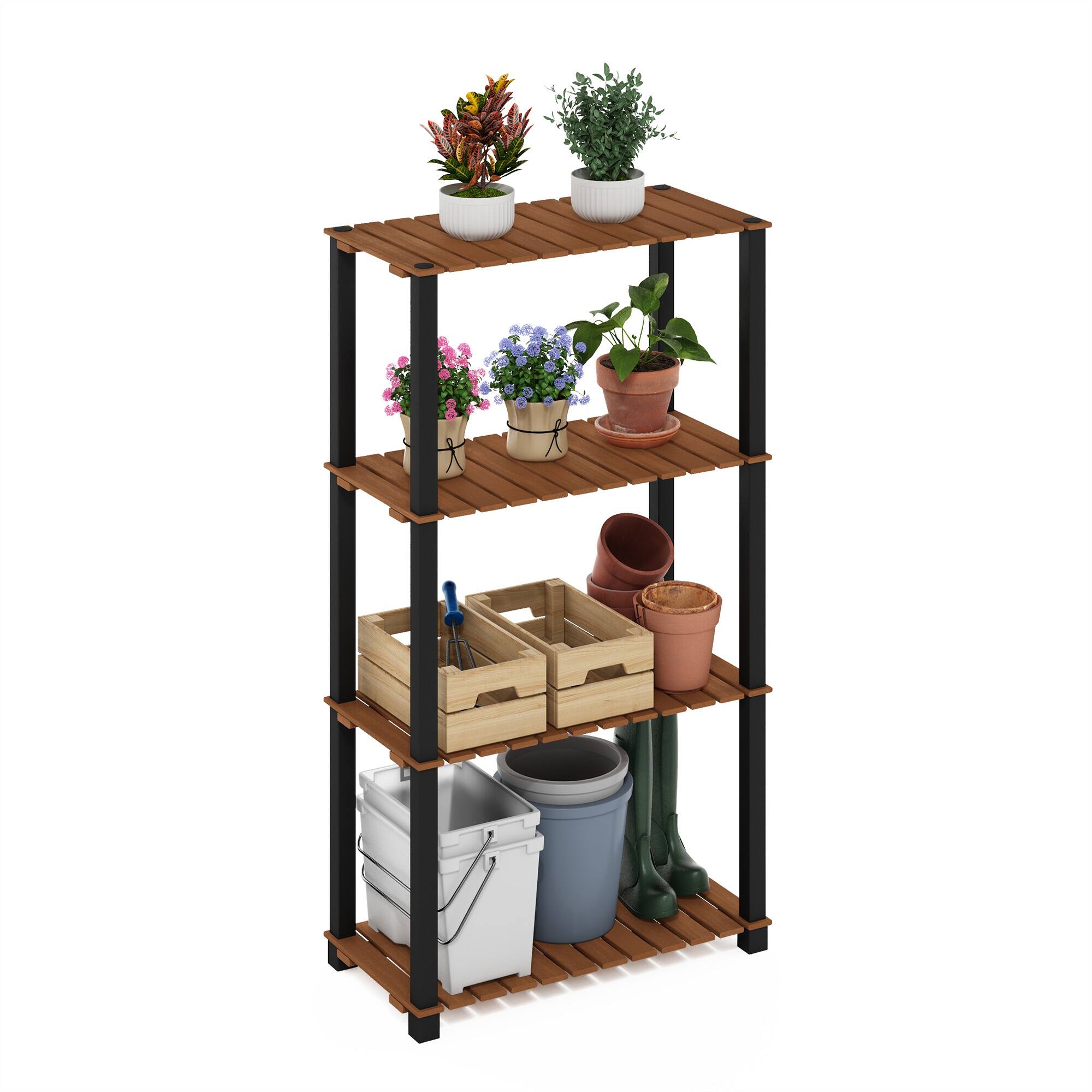 Alt View 3. Furinno - Pangkor 4-Tier Turn-N-Tube Indoor Outdoor Plant Shelf Wood Stand with Square Poles - Natural/Black.